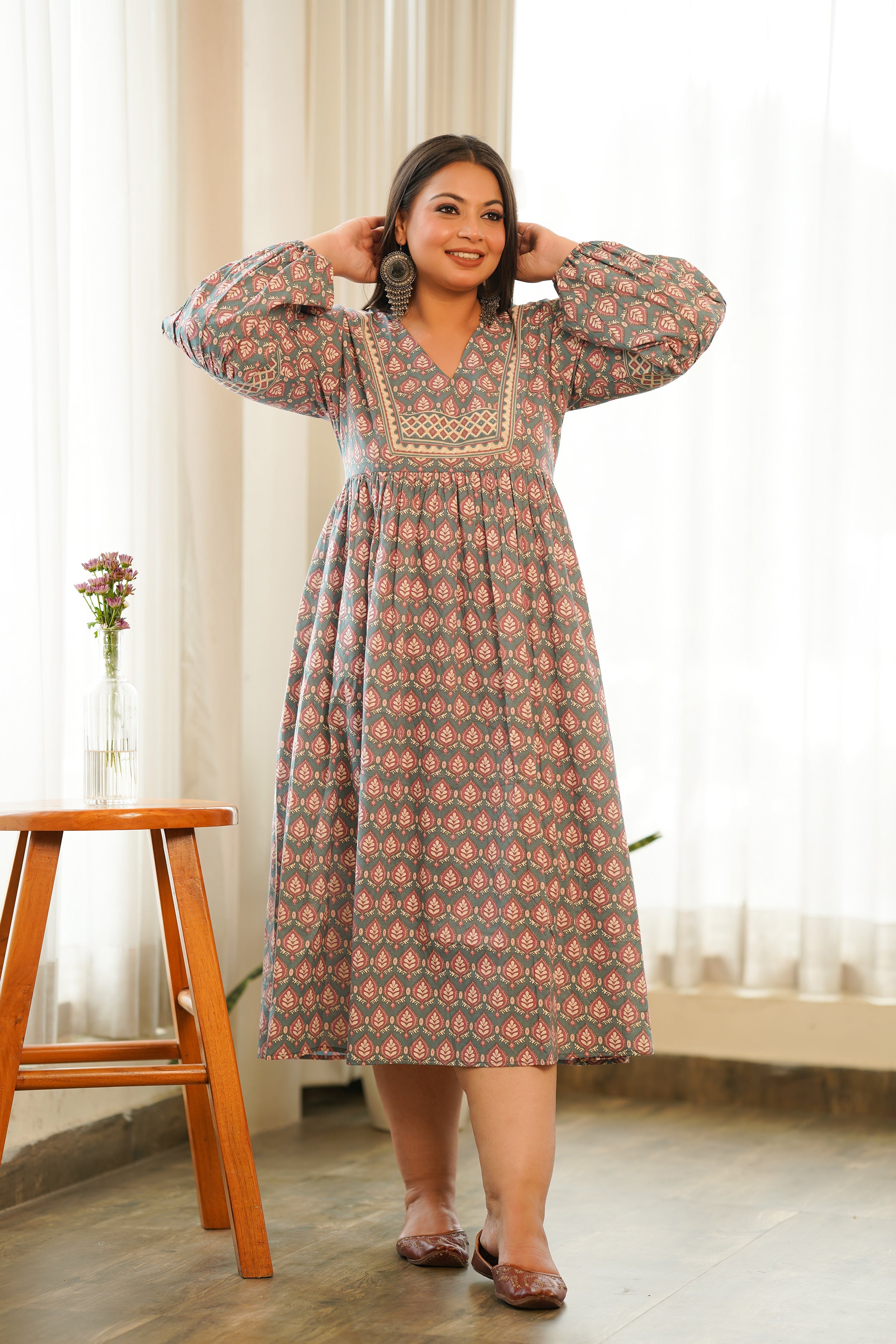 Women's Boho Printed Cotton Gathered Maxi - Nangalia Ruchira