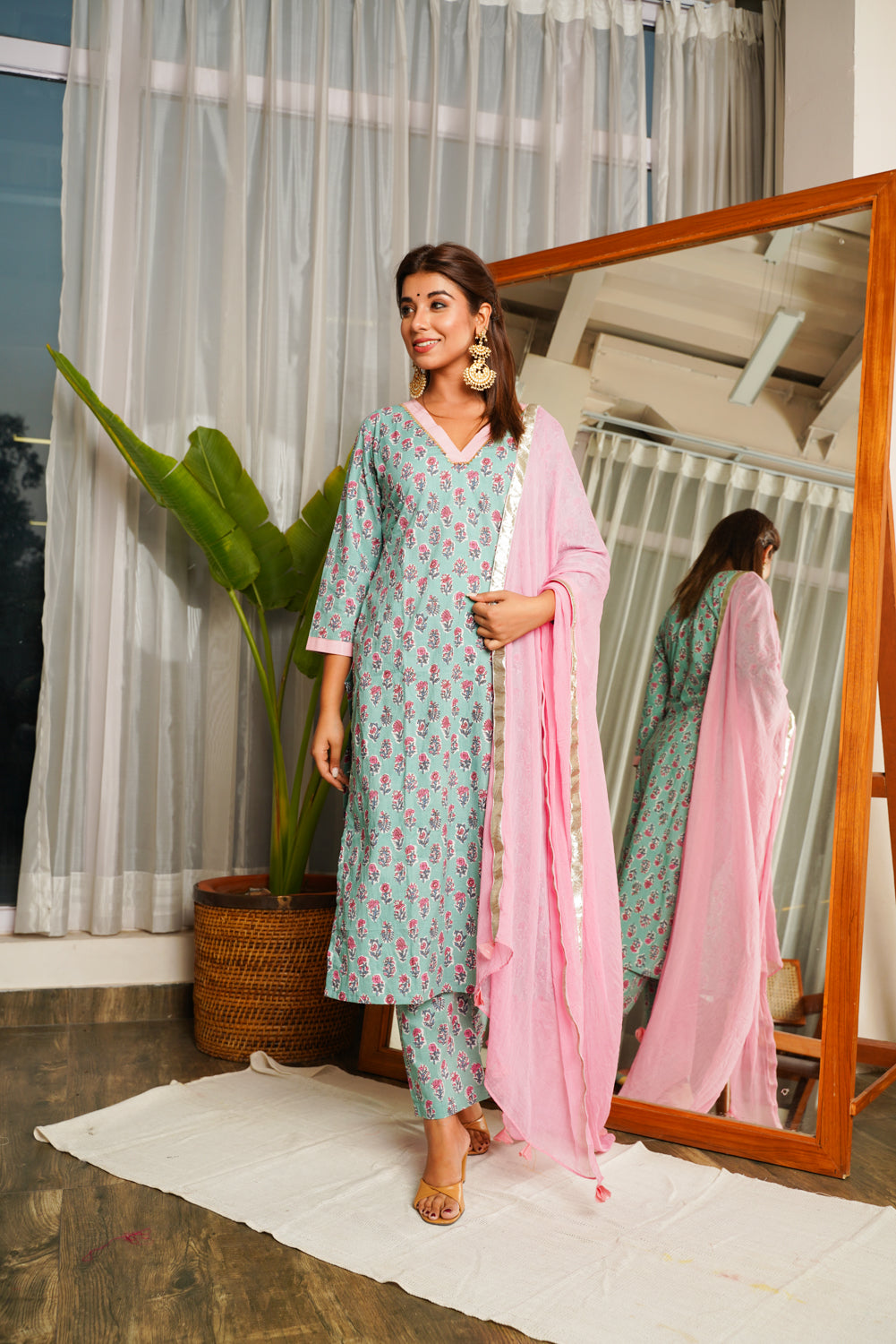 Women's Blue Cotton Kyaari Printed Kurta Set - (Set Of 3) - Nangalia Ruchira