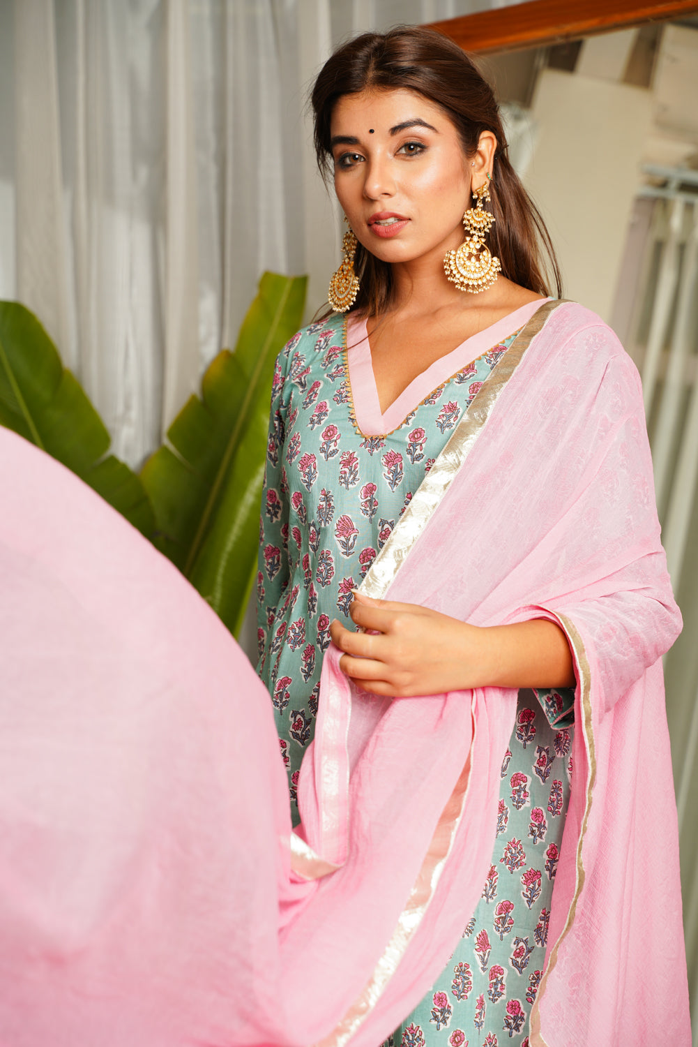 Women's Blue Cotton Kyaari Printed Kurta Set - (Set Of 3) - Nangalia Ruchira