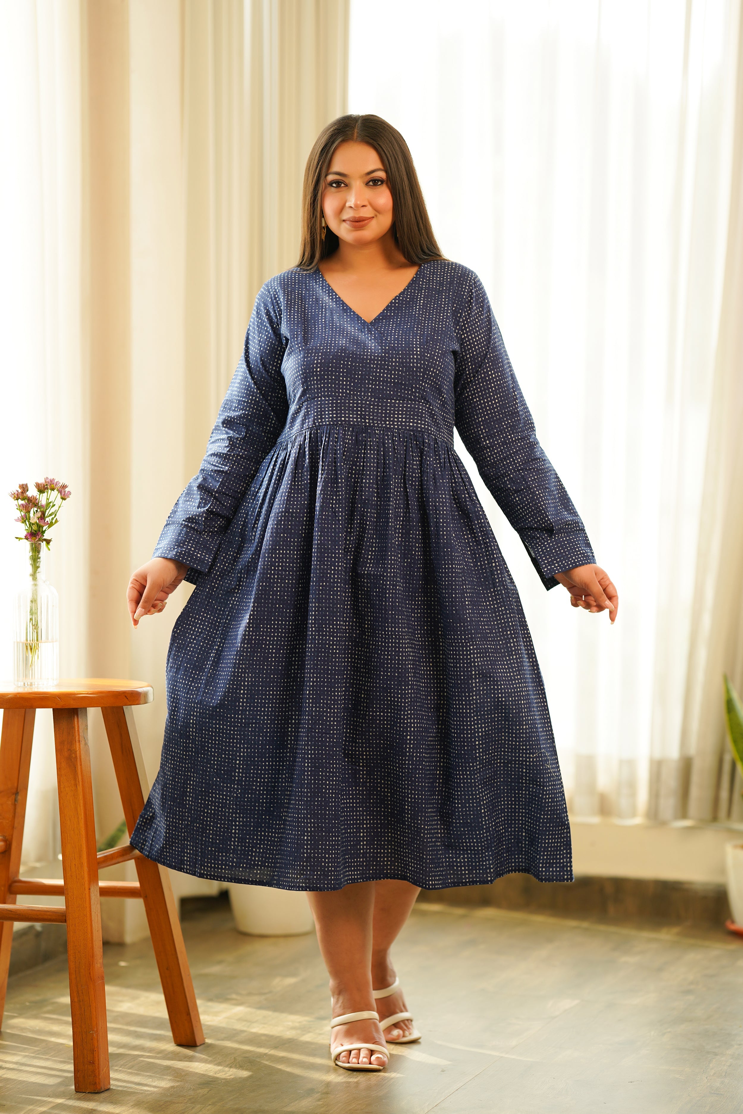Women's Indigo Cotton V Neck Maxi Dress - Nangalia Ruchira