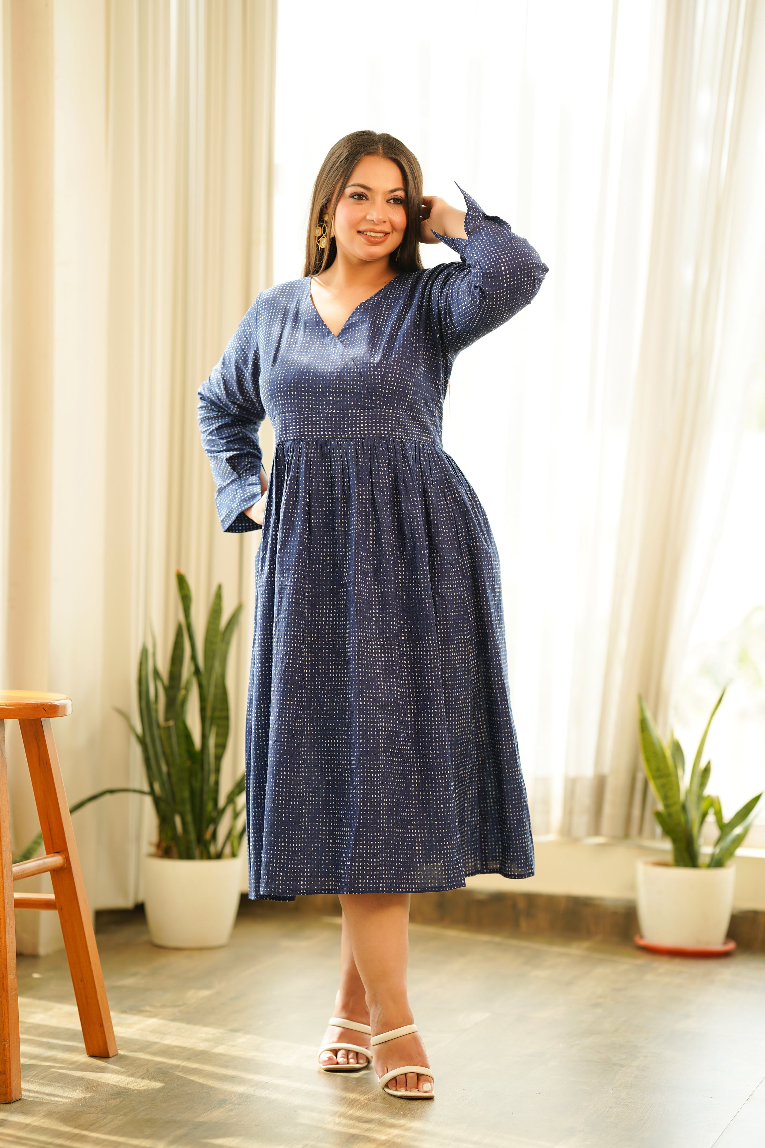 Women's Indigo Cotton V Neck Maxi Dress - Nangalia Ruchira