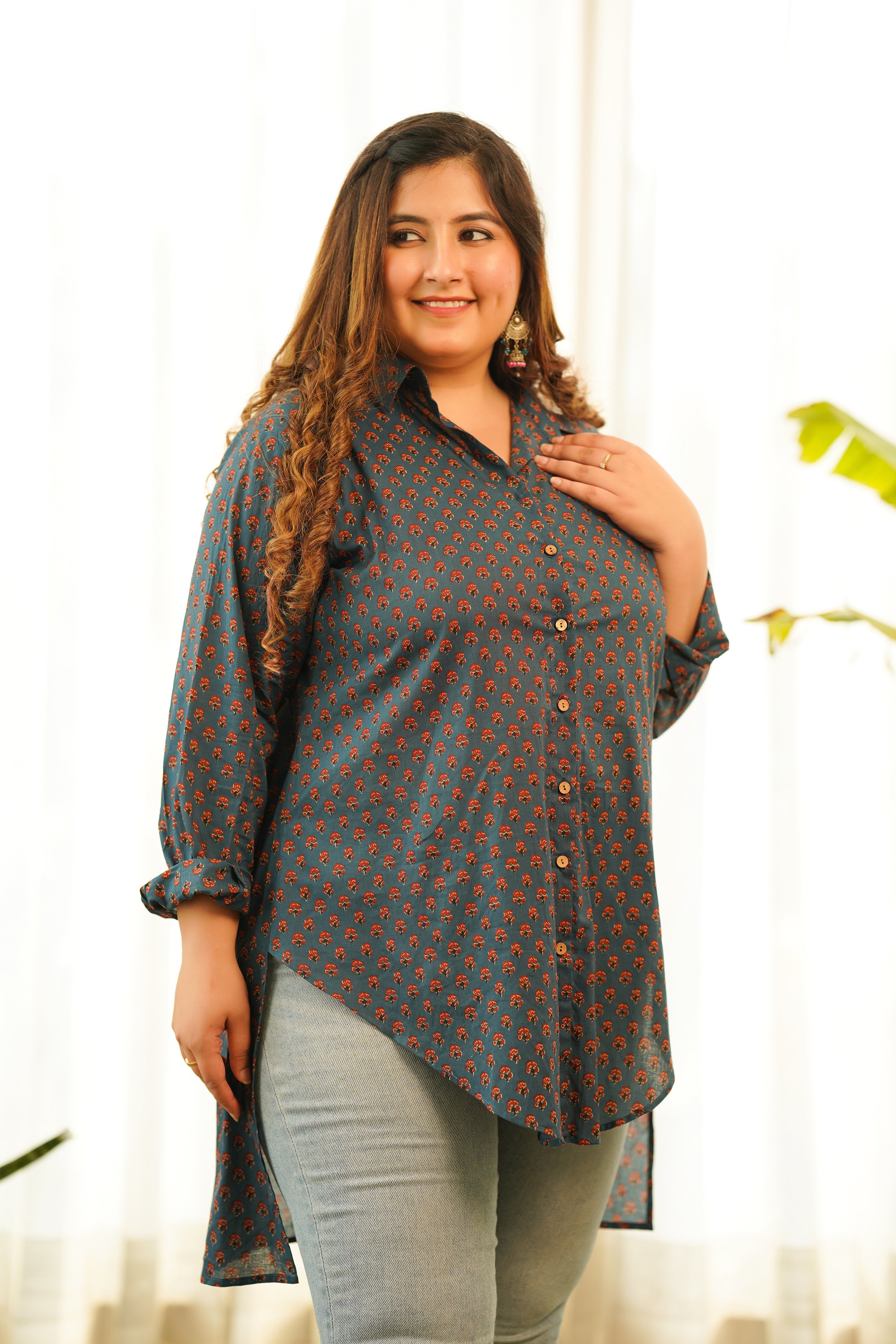 Women's Blue Cotton Booti High Low Shirt Top - Nangalia Ruchira
