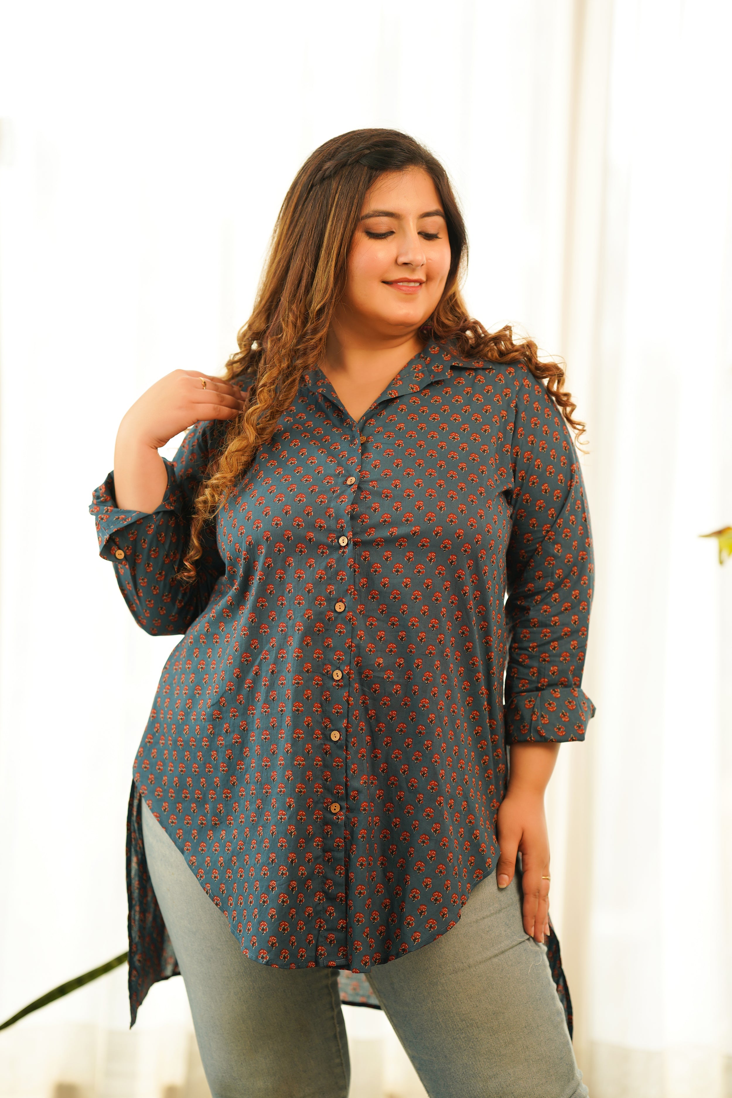 Women's Blue Cotton Booti High Low Shirt Top - Nangalia Ruchira