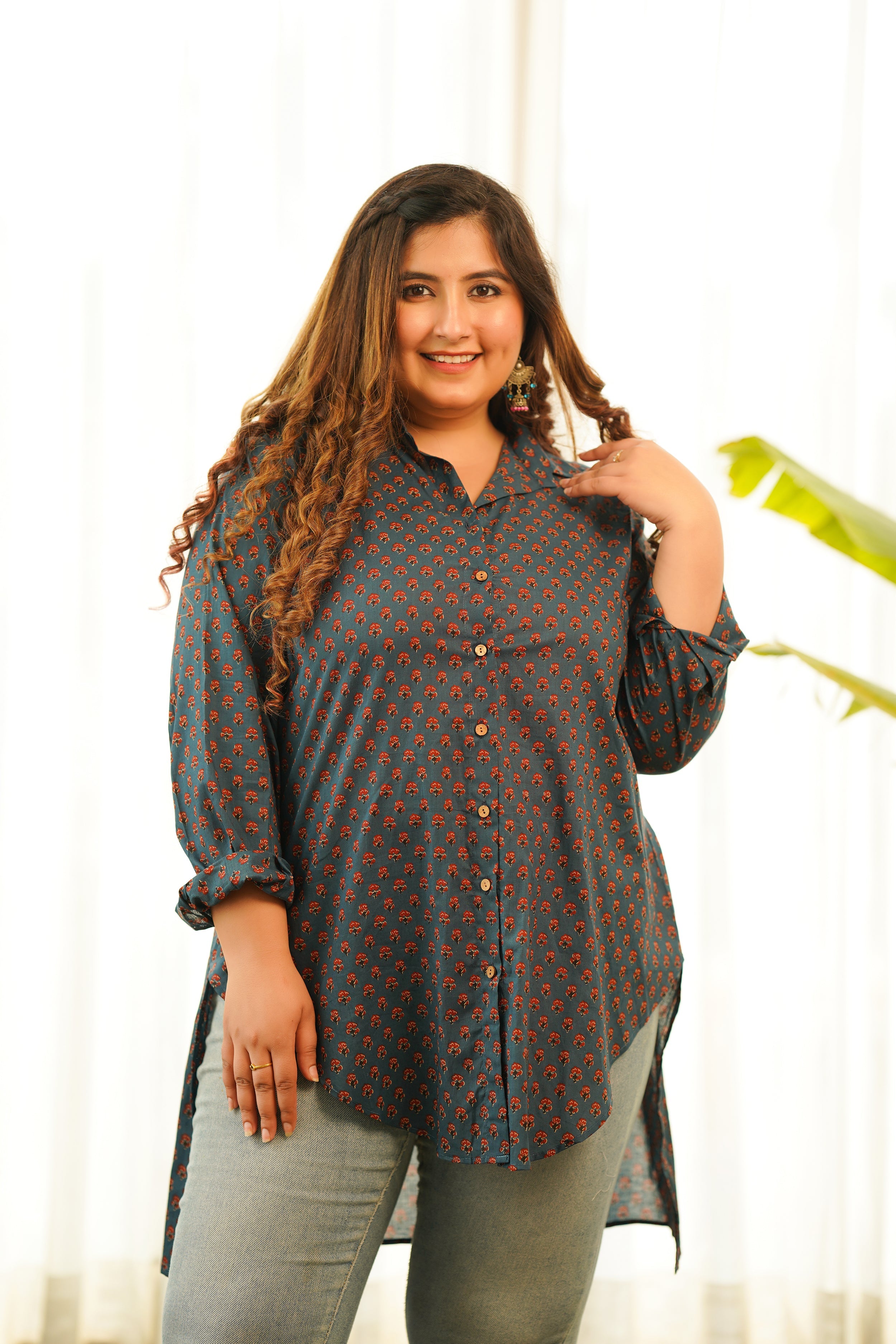 Women's Blue Cotton Booti High Low Shirt Top - Nangalia Ruchira