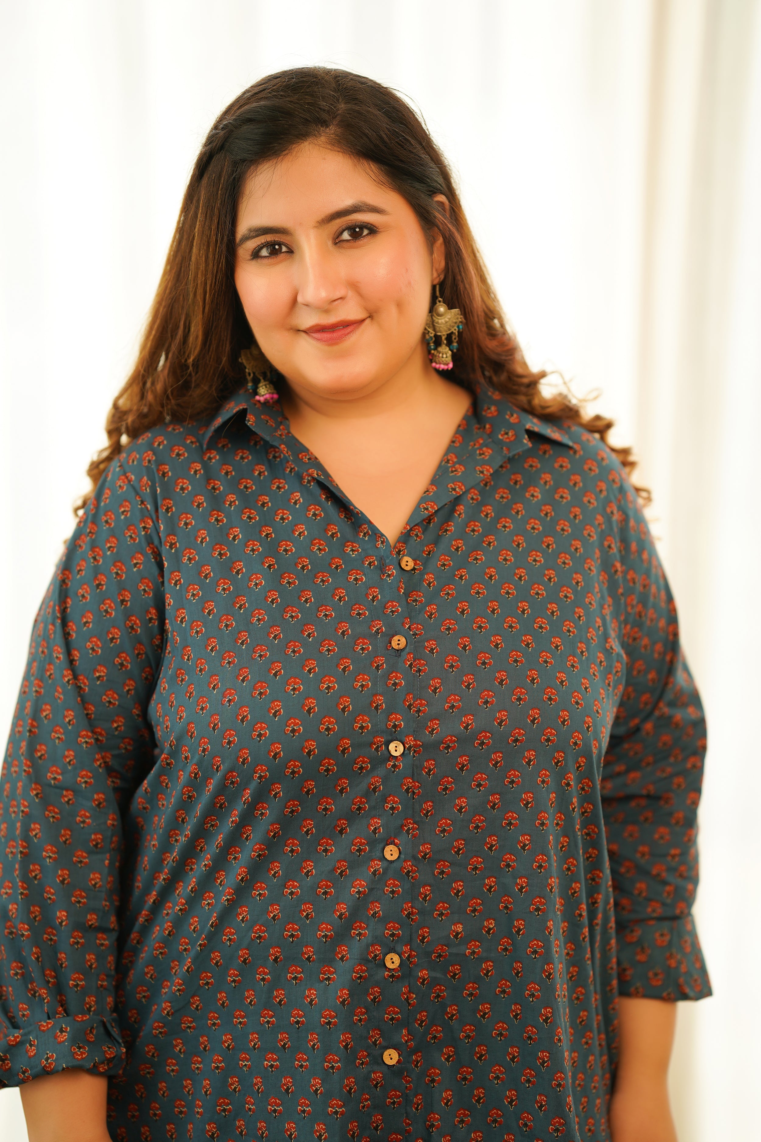 Women's Blue Cotton Booti High Low Shirt Top - Nangalia Ruchira