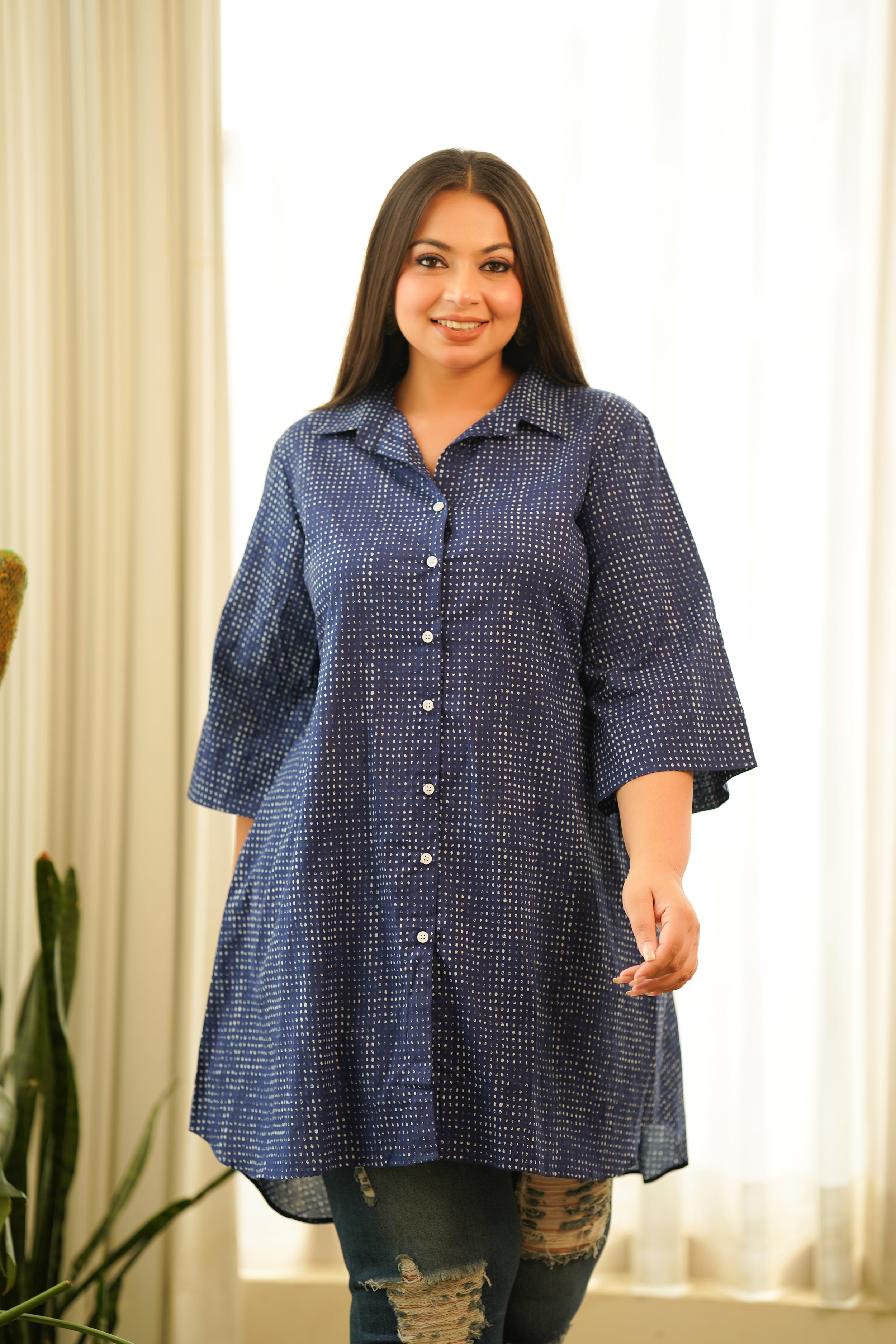 Women's Dotted Indigo Shirt Top - Nangalia Ruchira