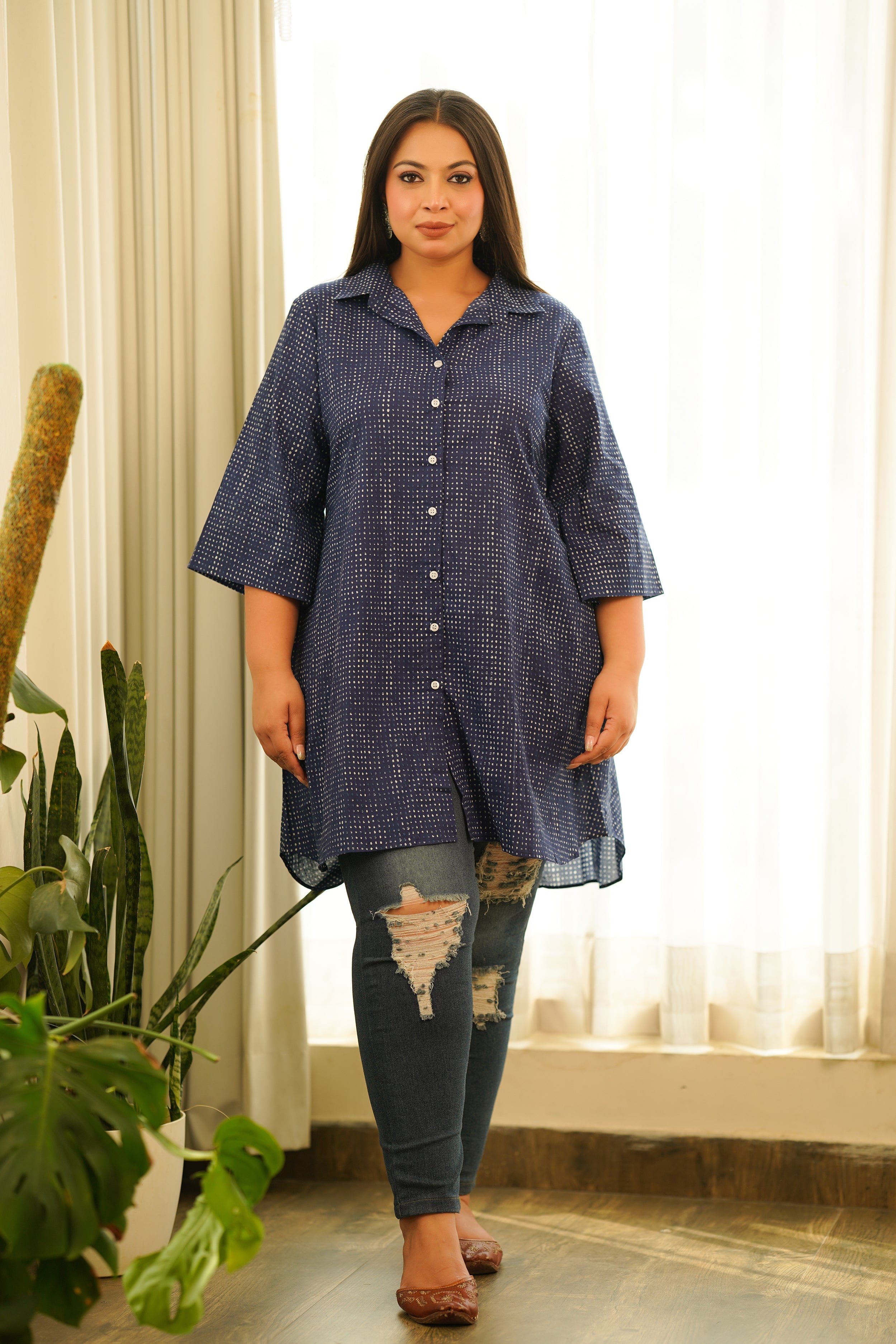Women's Dotted Indigo Shirt Top - Nangalia Ruchira