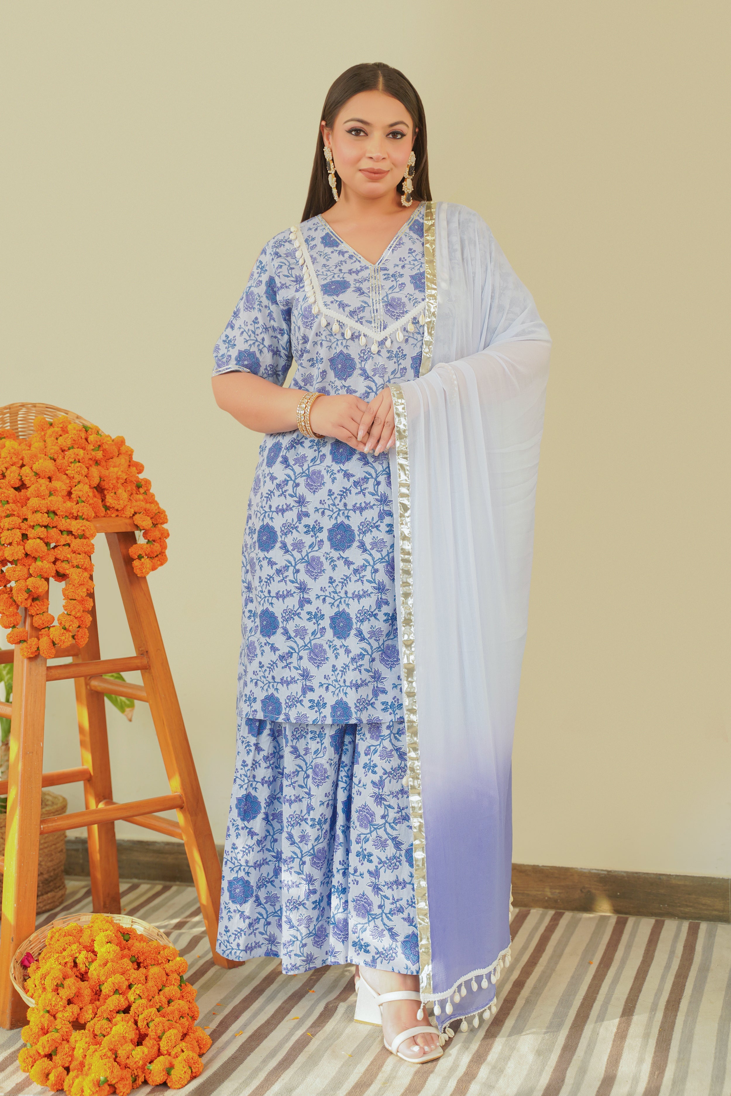 Women's Ice Blue V-Neck Cotton Sharara Set - (Set Of 3) - Nangalia Ruchira