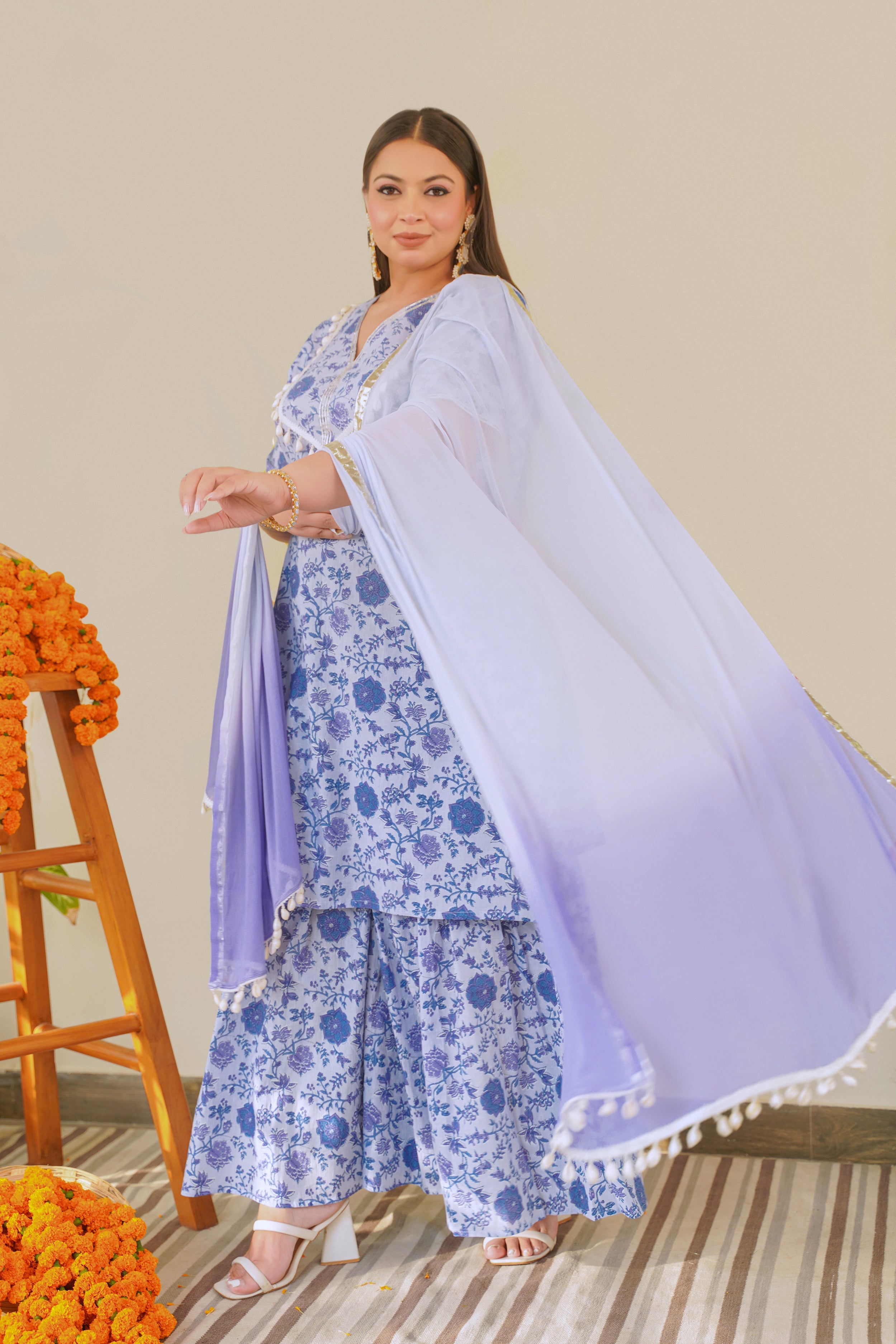Women's Ice Blue V-Neck Cotton Sharara Set - (Set Of 3) - Nangalia Ruchira