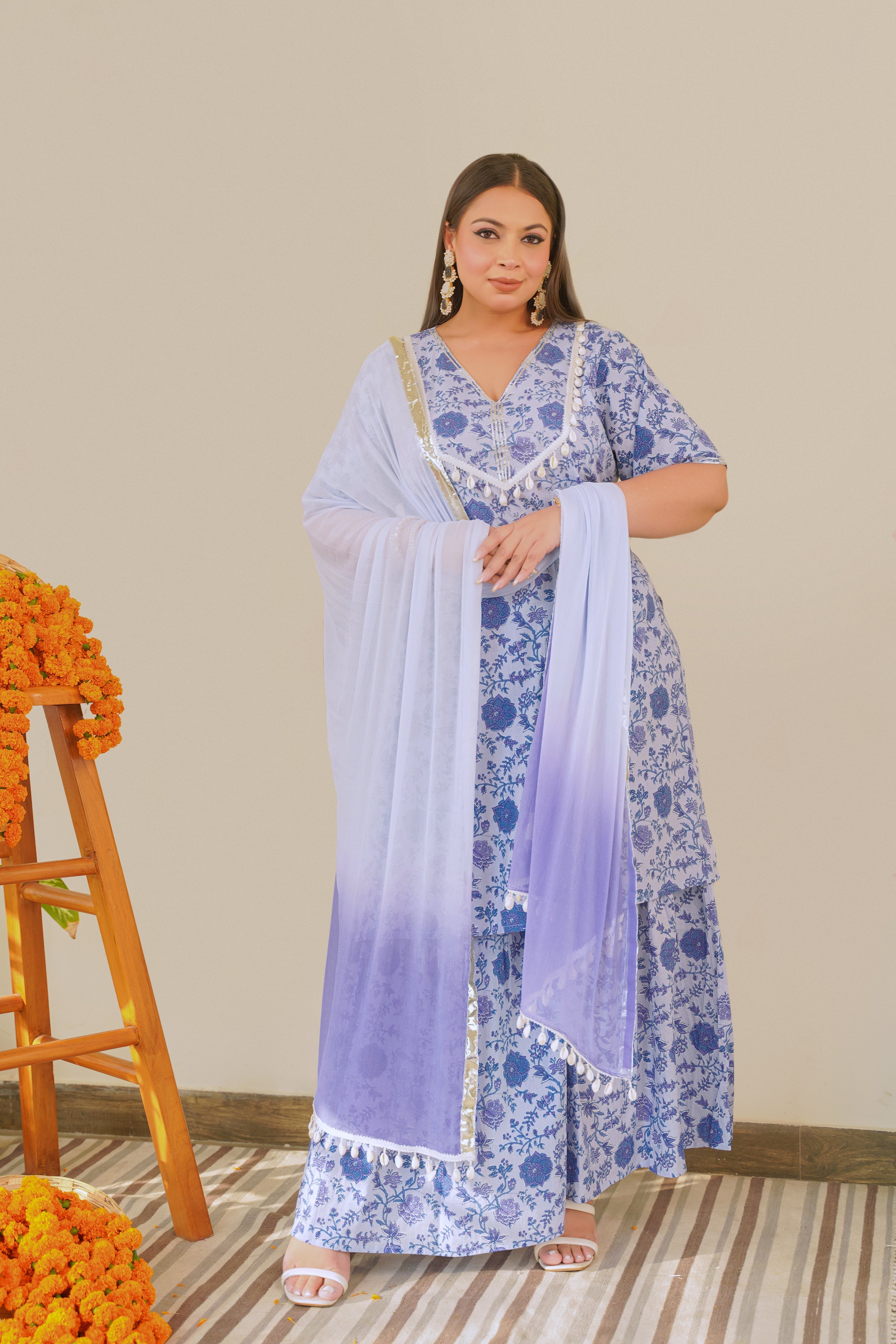 Women's Ice Blue V-Neck Cotton Sharara Set - (Set Of 3) - Nangalia Ruchira