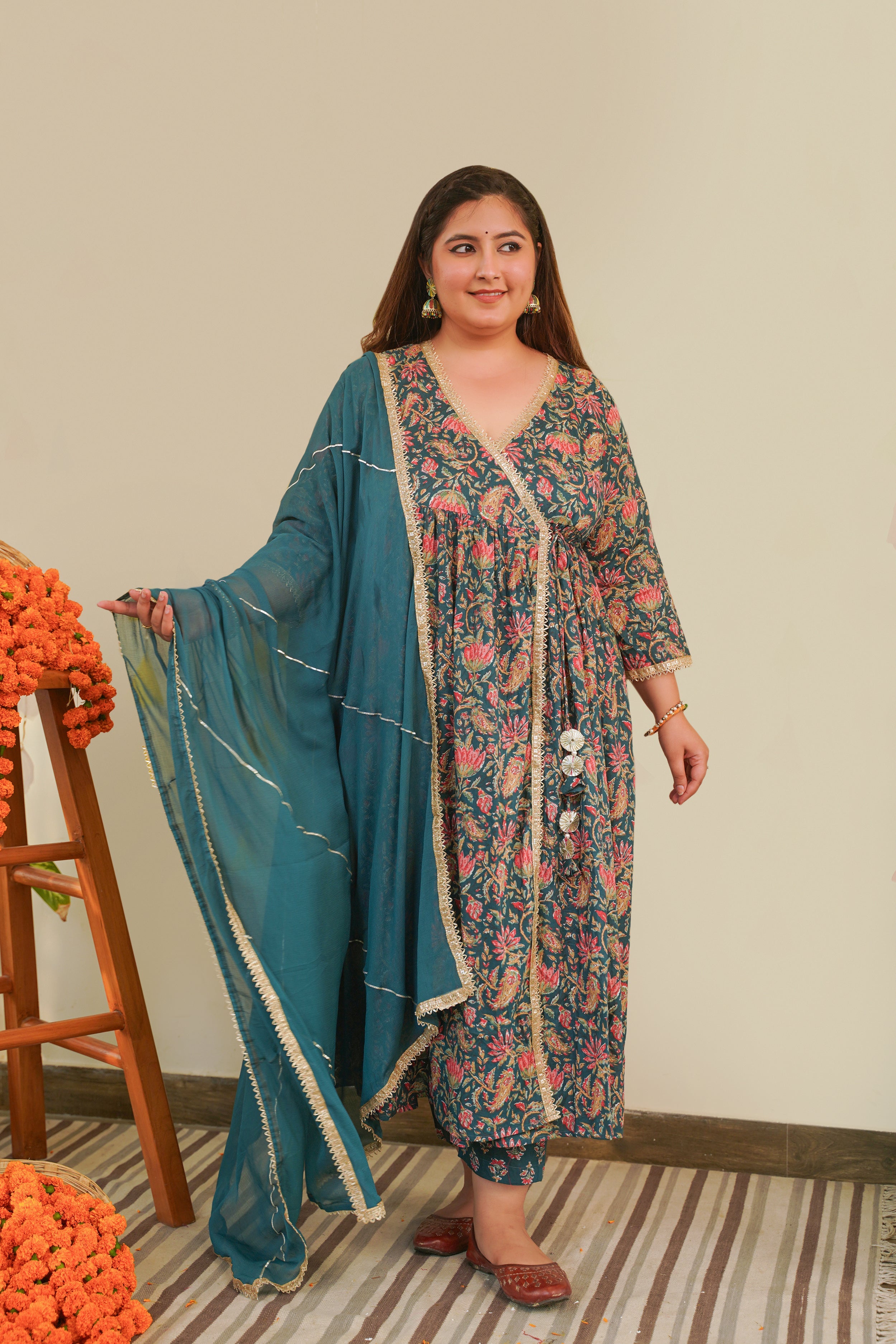 Women's Bottle Green Cotton Printed Angrakha Set (Set Of 3) - Nangalia Ruchira
