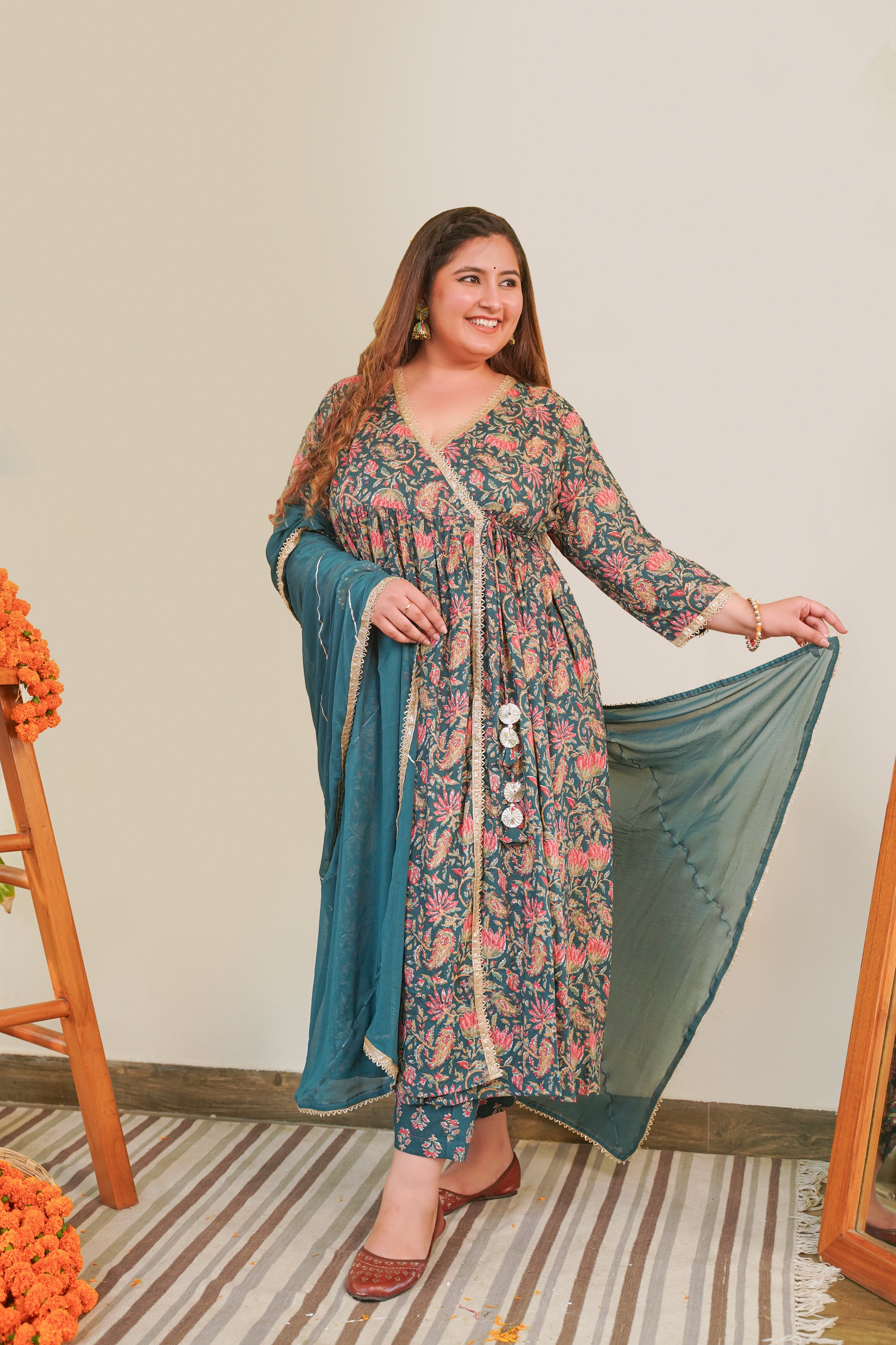 Women's Bottle Green Cotton Printed Angrakha Set (Set Of 3) - Nangalia Ruchira