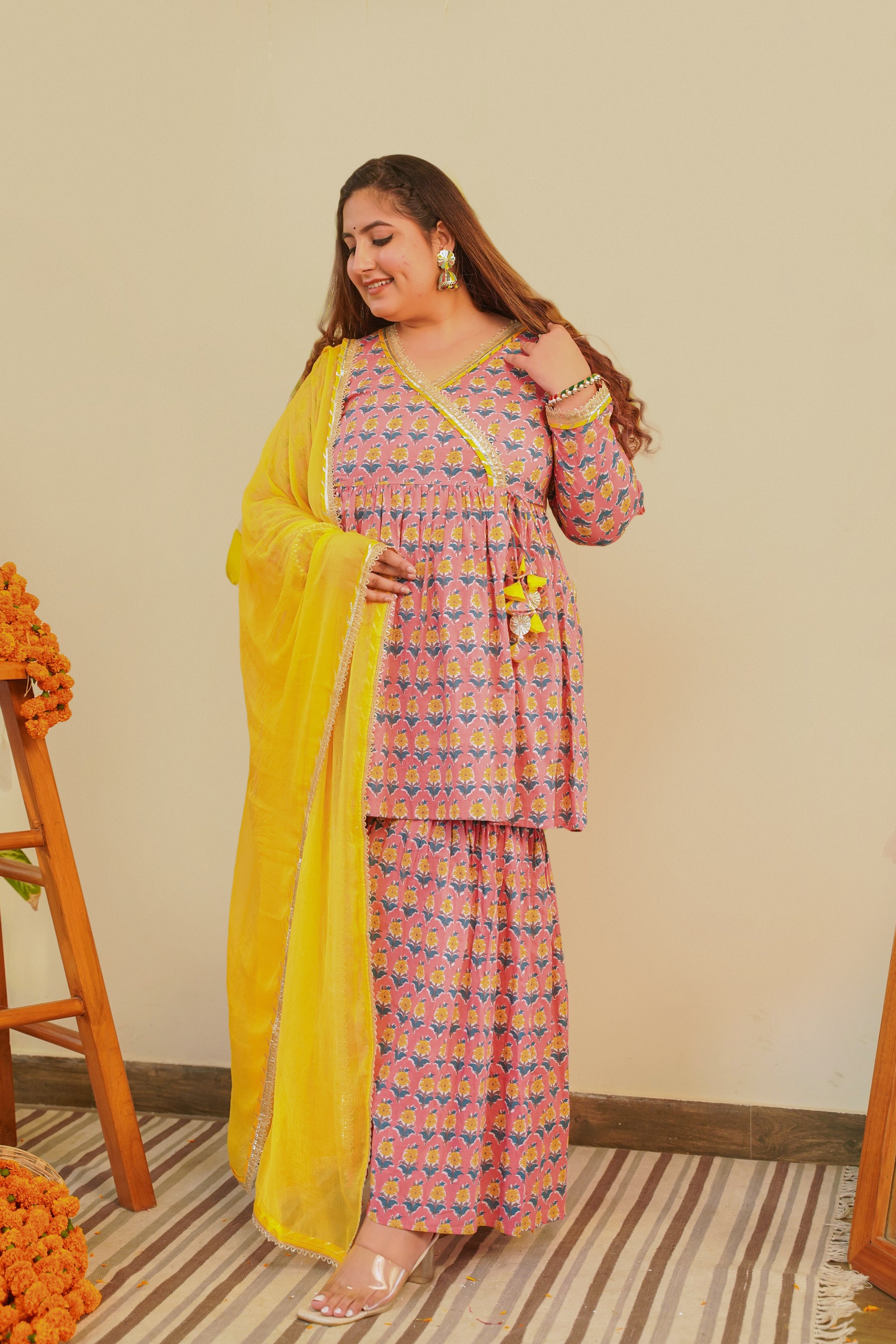 Women's Peach Booti Cotton Printed Sharara Set (Set Of 3) - Nangalia Ruchira