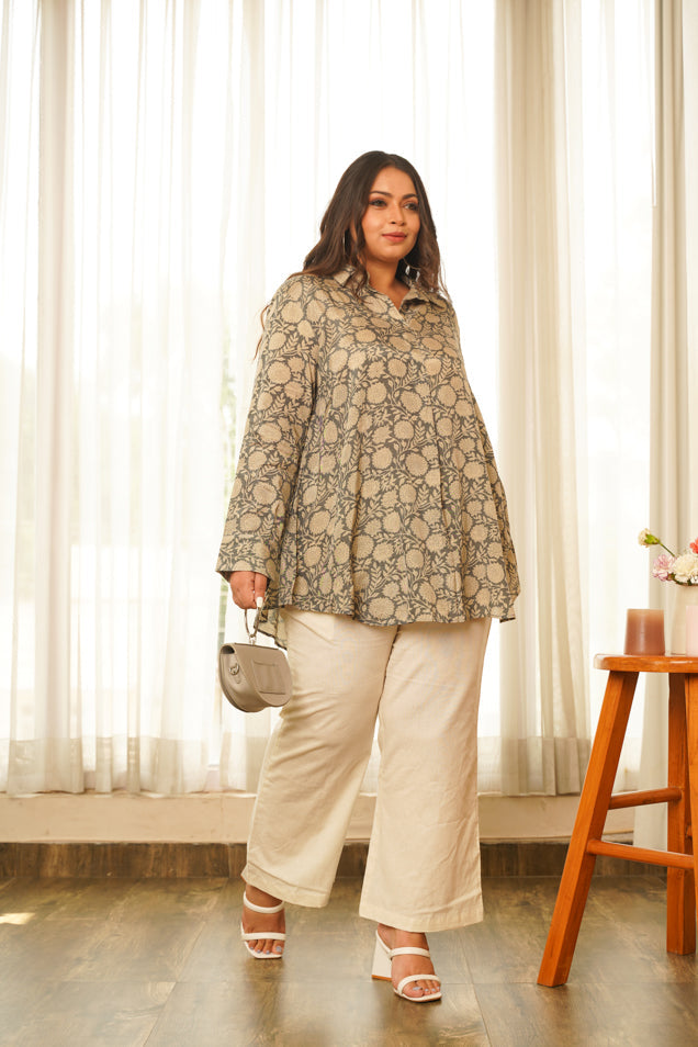 Women's Grey Floral Printed Flared Muslin Top - Nangalia Ruchira