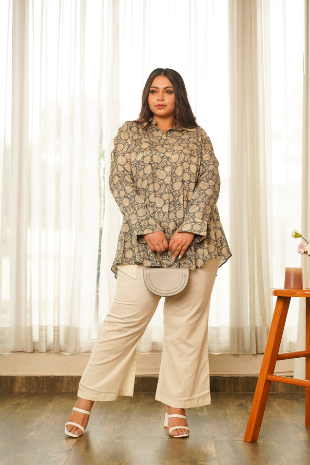 Women's Grey Floral Printed Flared Muslin Top - Nangalia Ruchira
