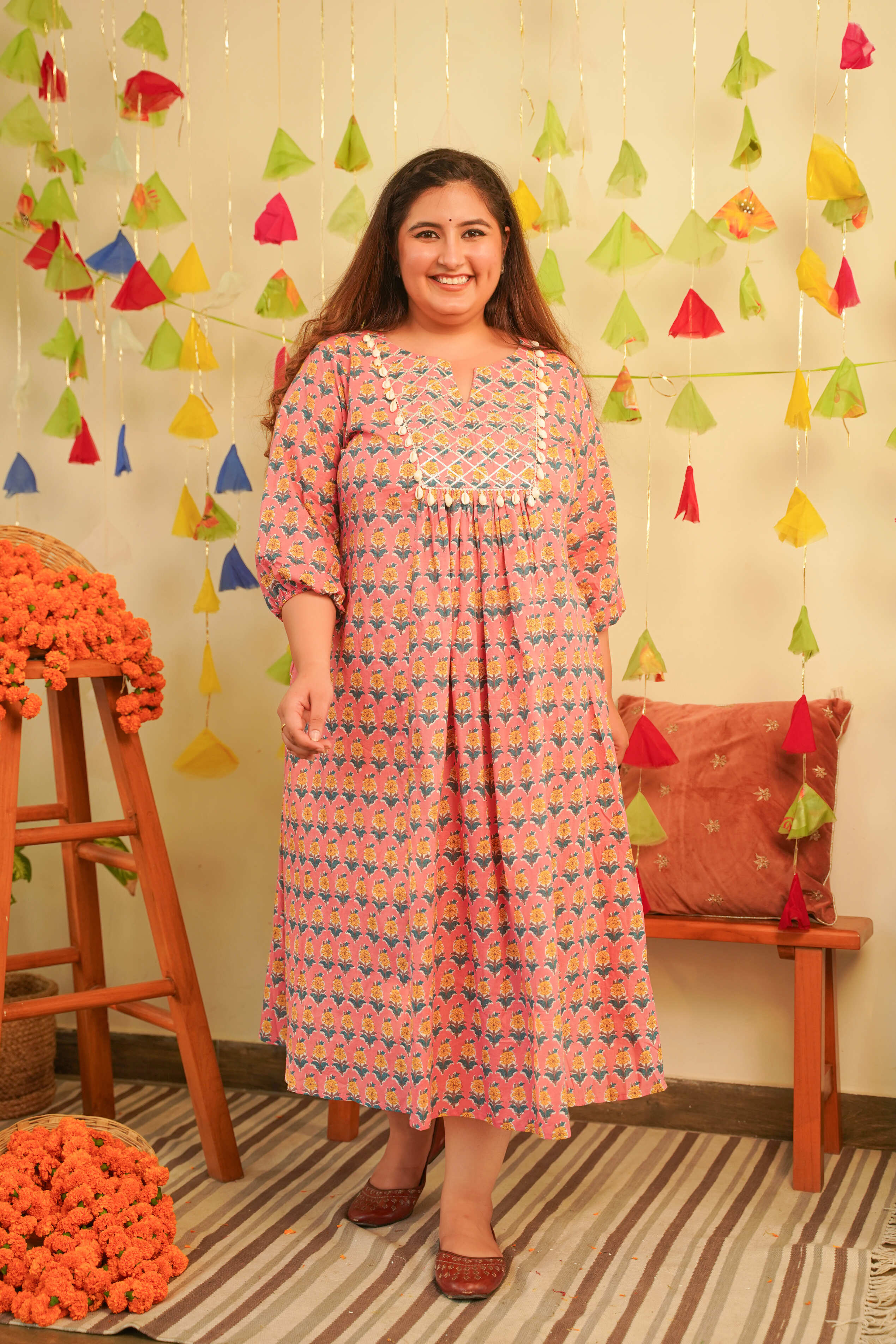 Women's Peach Booti Printed Cotton Indo-Western Dress - Nangalia Ruchira
