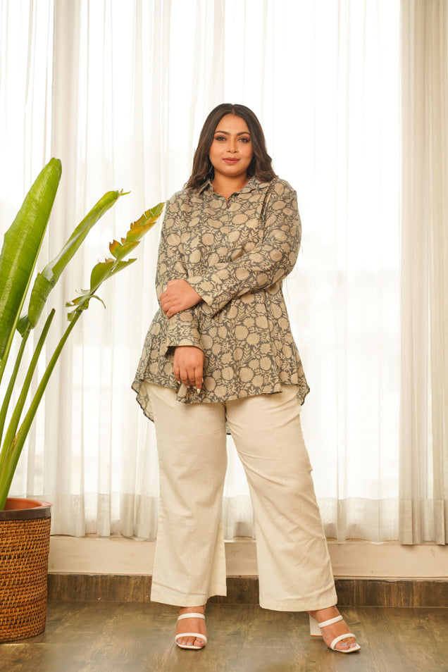 Women's Grey Floral Printed Flared Muslin Top - Nangalia Ruchira