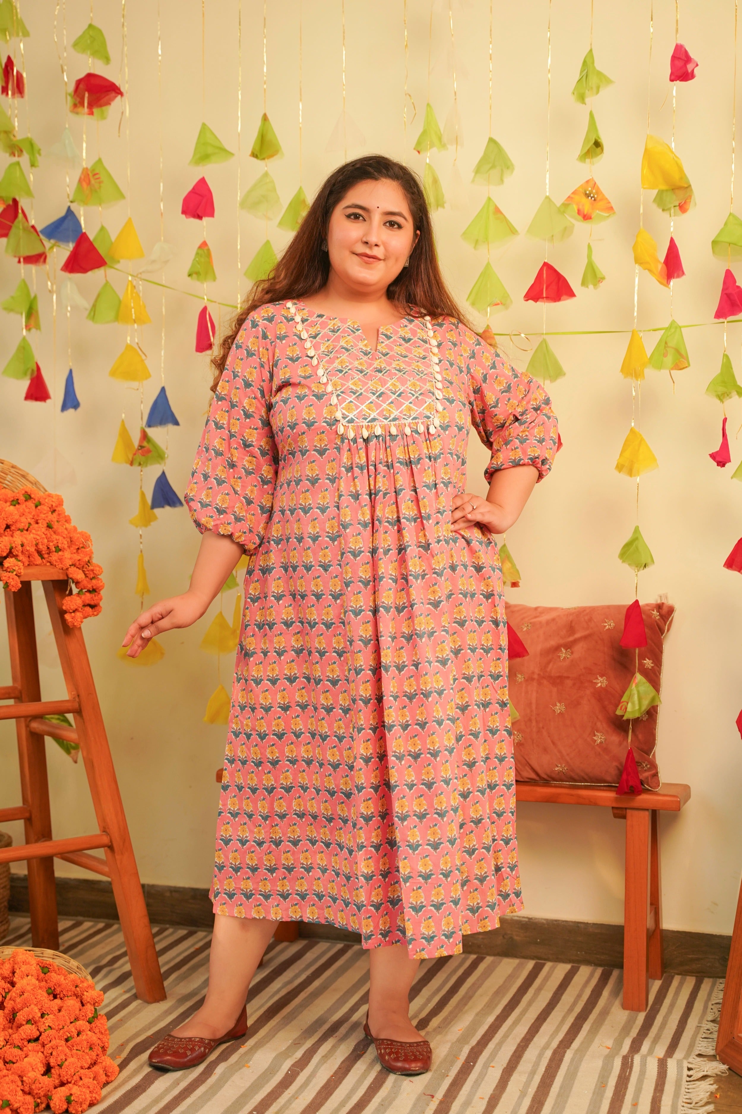 Women's Peach Booti Printed Cotton Indo-Western Dress - Nangalia Ruchira