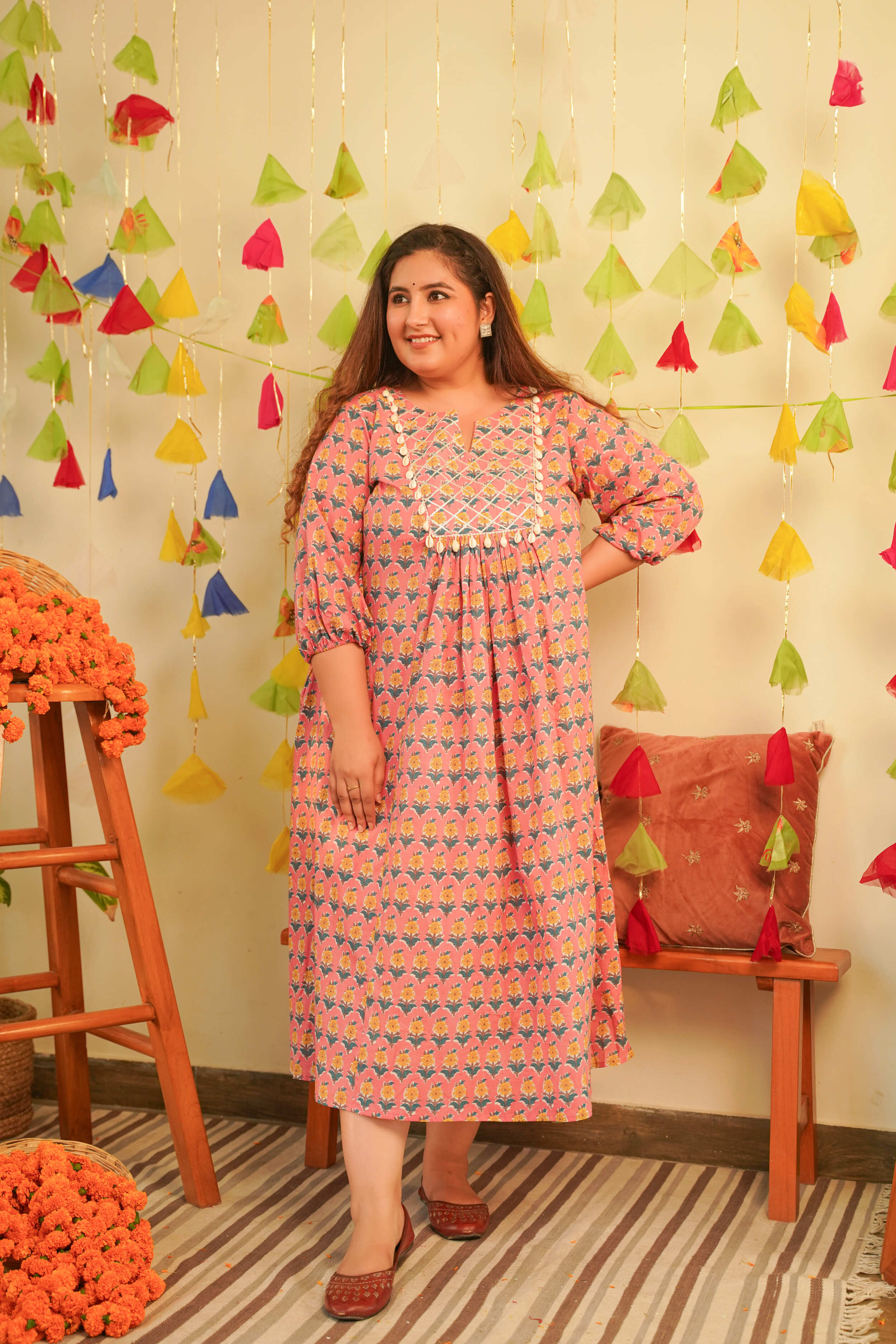 Women's Peach Booti Printed Cotton Indo-Western Dress - Nangalia Ruchira