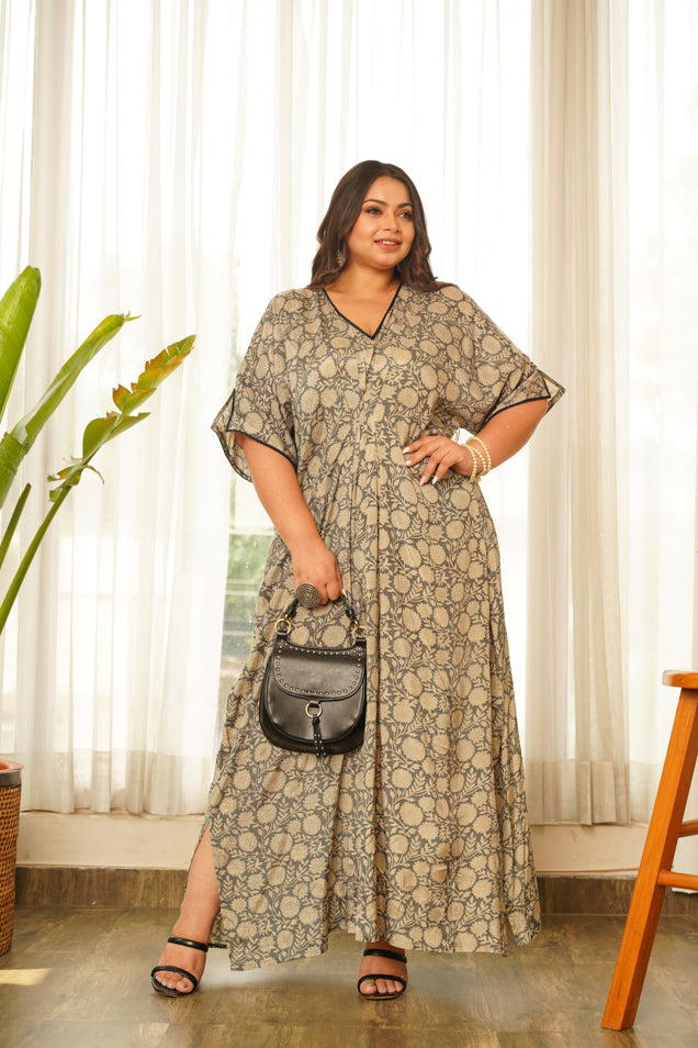 Women's Grey Muslin V-Neck Kaftan Dress - Nangalia Ruchira