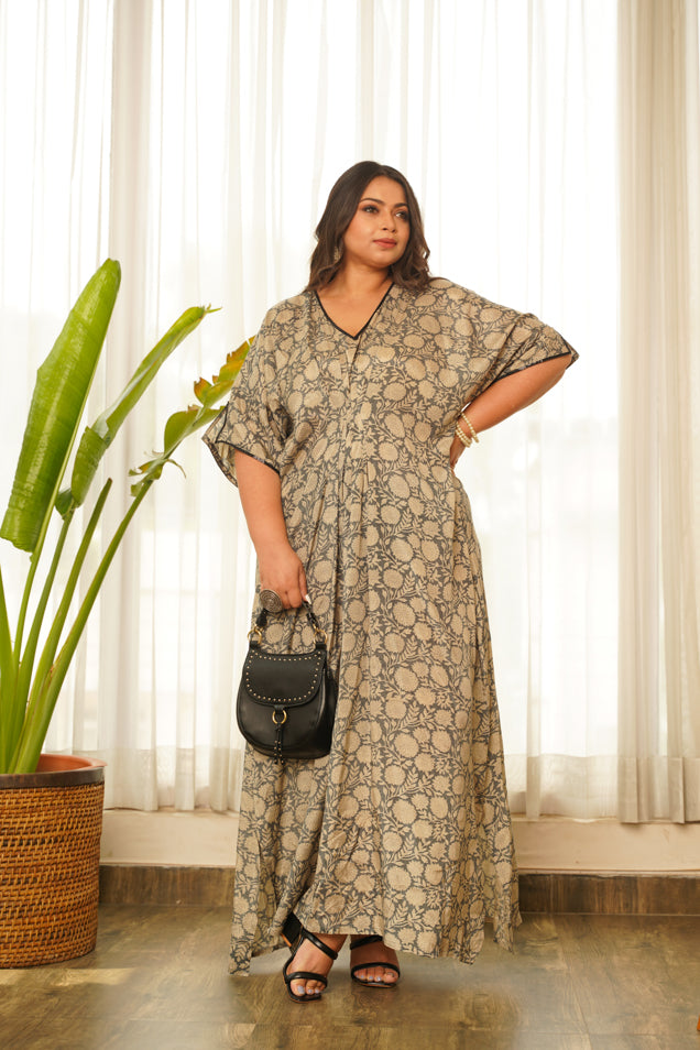 Women's Grey Muslin V-Neck Kaftan Dress - Nangalia Ruchira