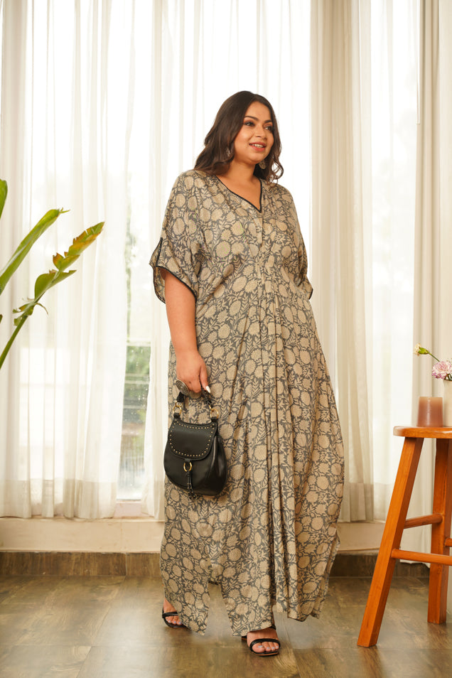 Women's Grey Muslin V-Neck Kaftan Dress - Nangalia Ruchira