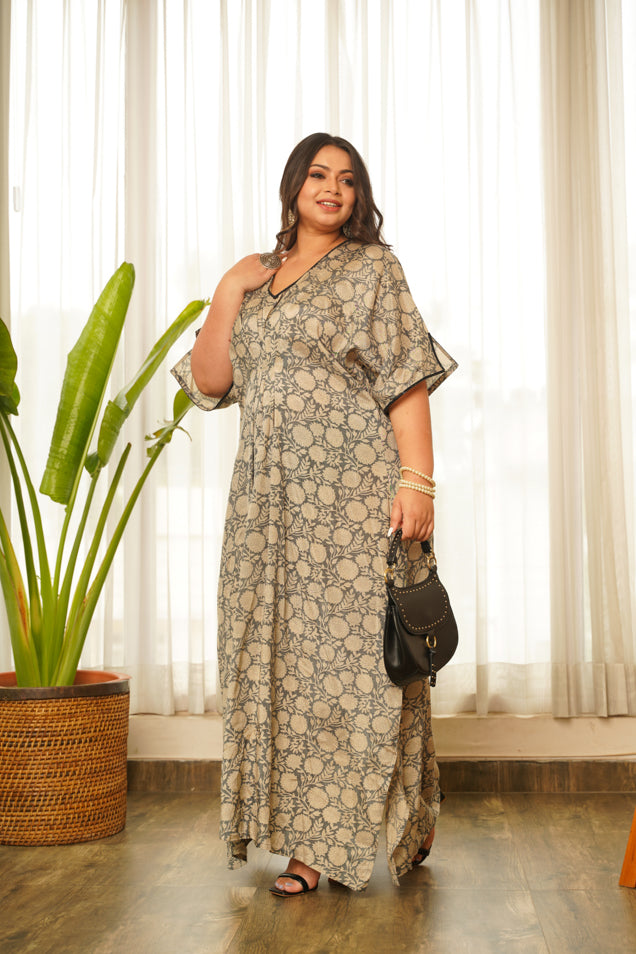 Women's Grey Muslin V-Neck Kaftan Dress - Nangalia Ruchira