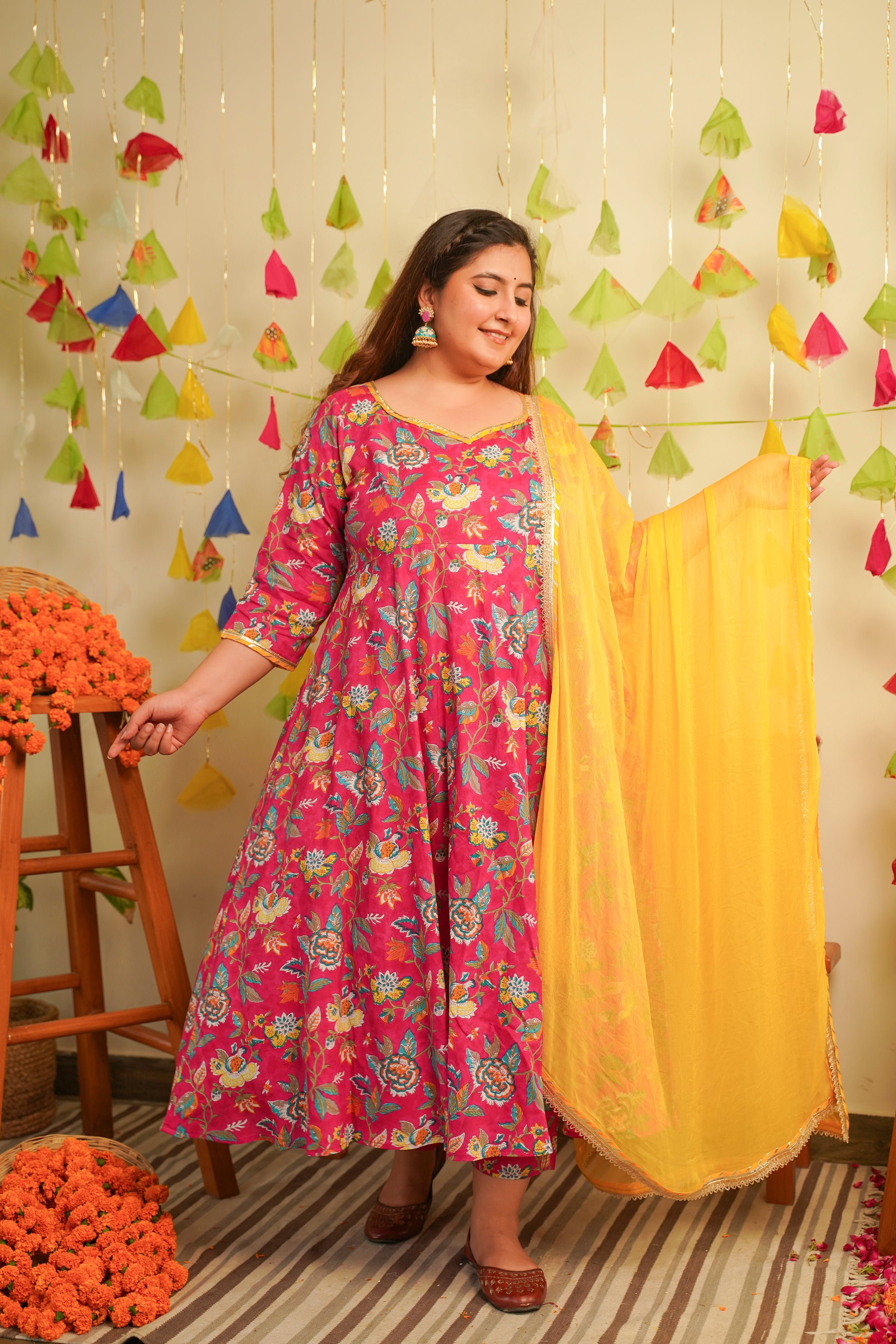 Women's Pink Floral Cotton Anarkali Suit Set - ( Set Of 3 ) - Nangalia Ruchira