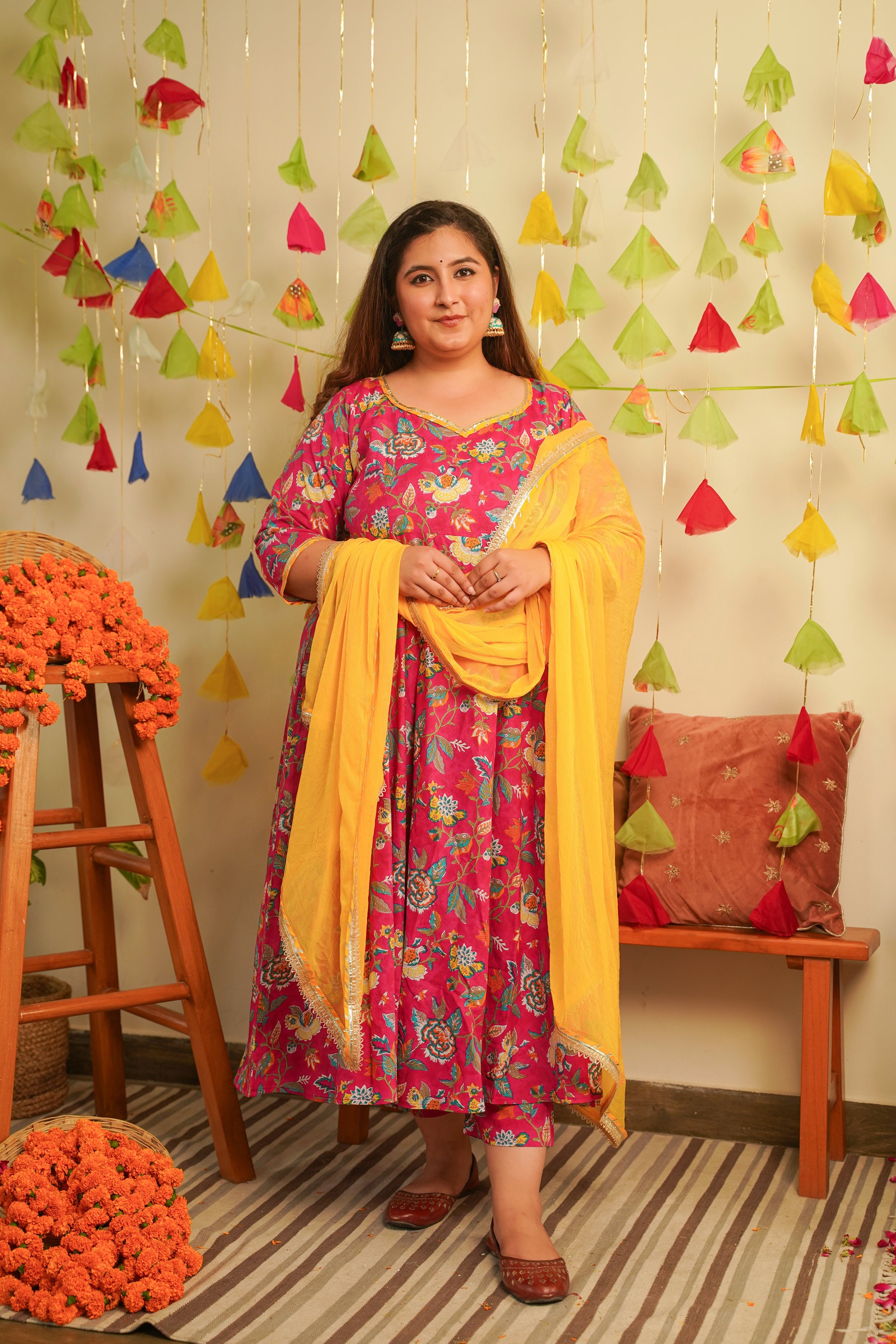 Women's Pink Floral Cotton Anarkali Suit Set - ( Set Of 3 ) - Nangalia Ruchira