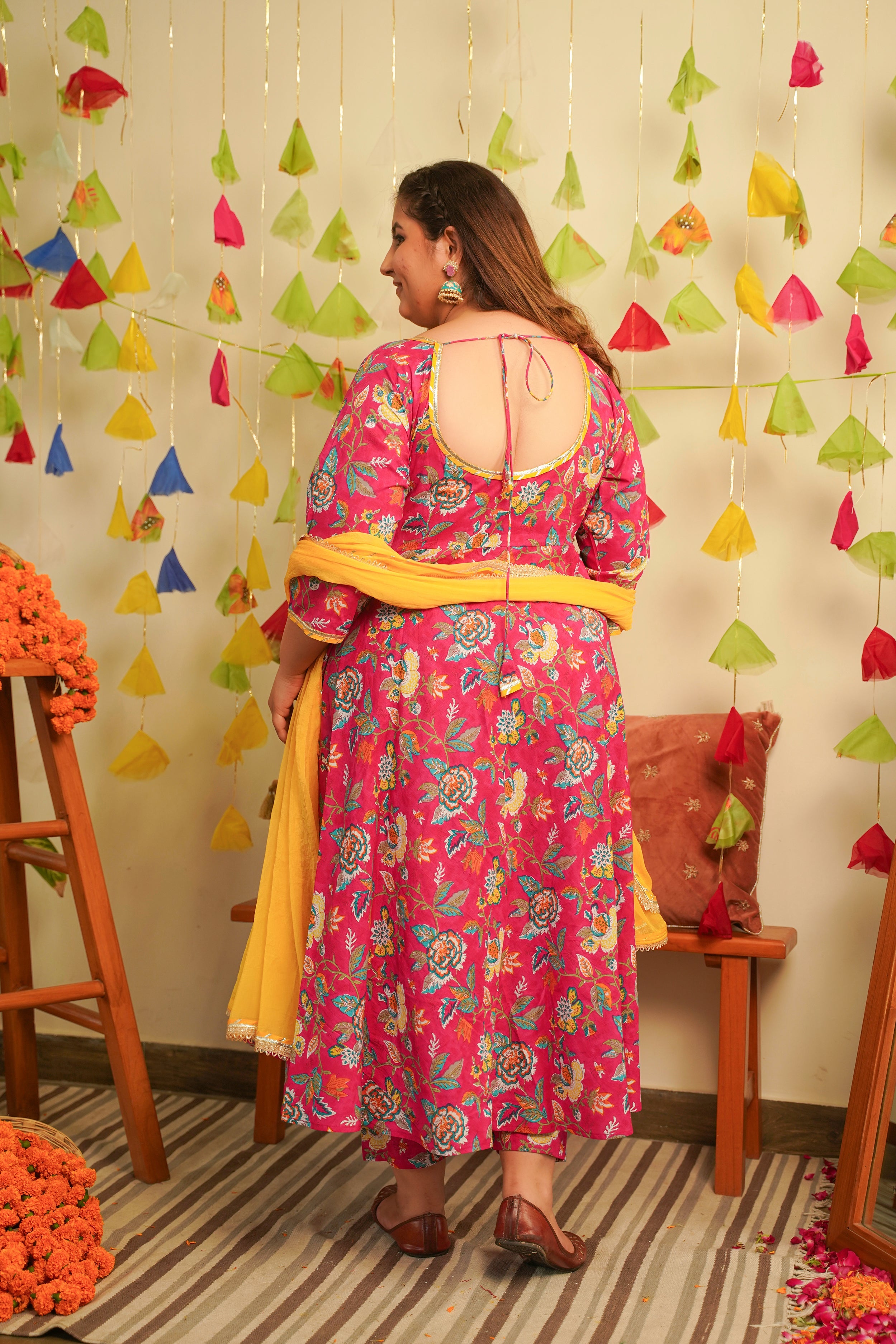 Women's Pink Floral Cotton Anarkali Suit Set - ( Set Of 3 ) - Nangalia Ruchira