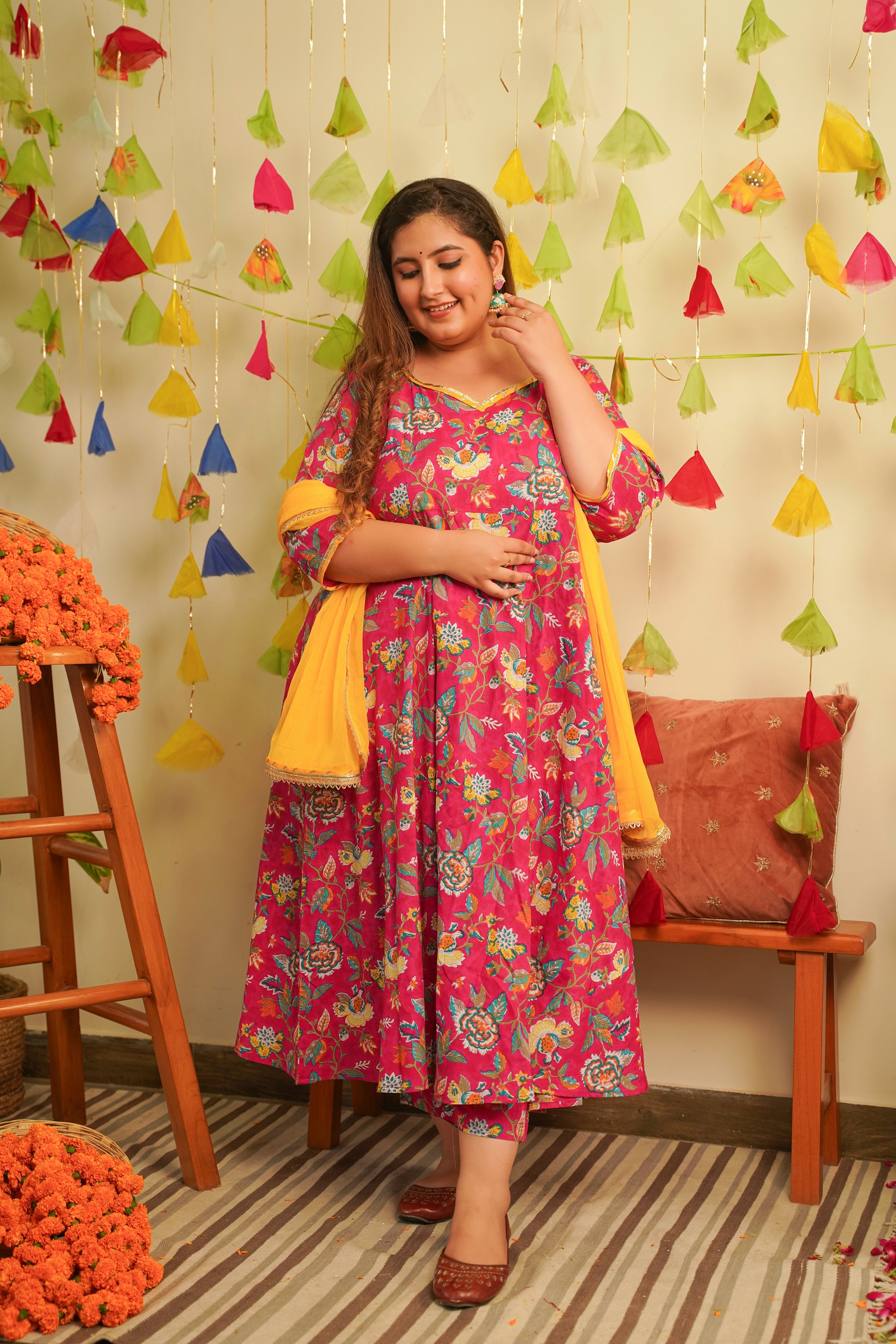Women's Pink Floral Cotton Anarkali Suit Set - ( Set Of 3 ) - Nangalia Ruchira