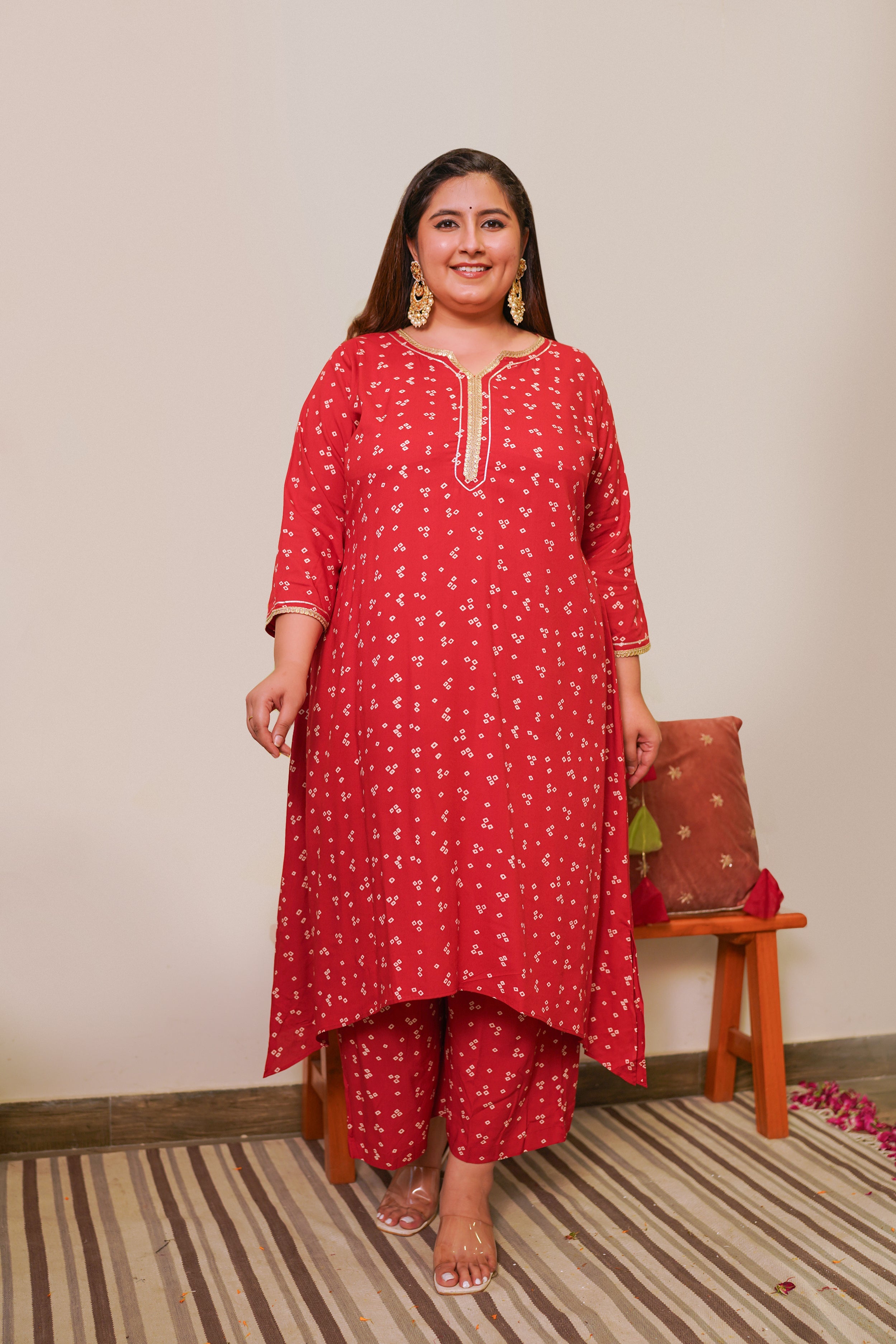 Women's Red Bandhani Kurta Set - (Set Of 2) - Nangalia Ruchira