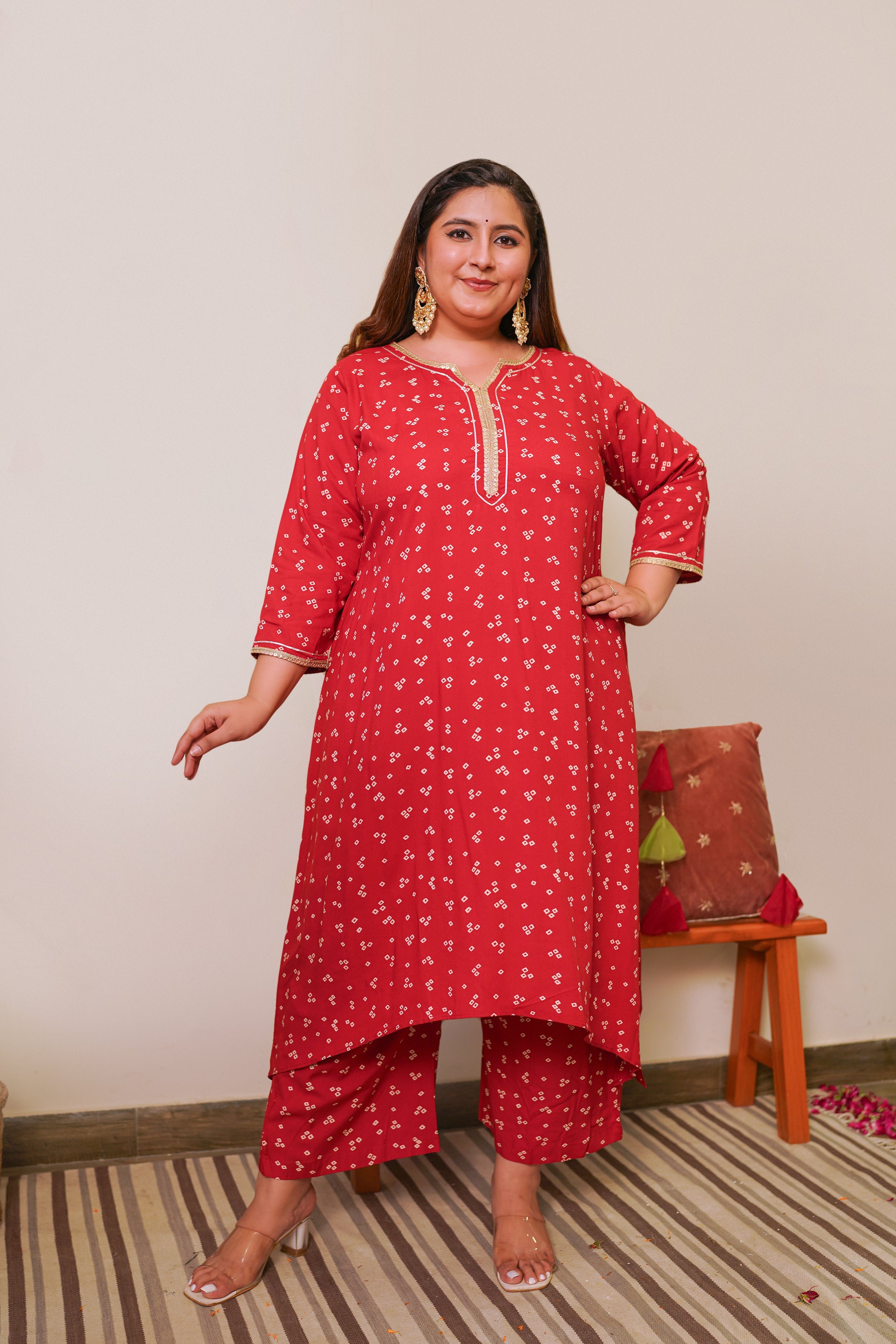 Women's Red Bandhani Kurta Set - (Set Of 2) - Nangalia Ruchira