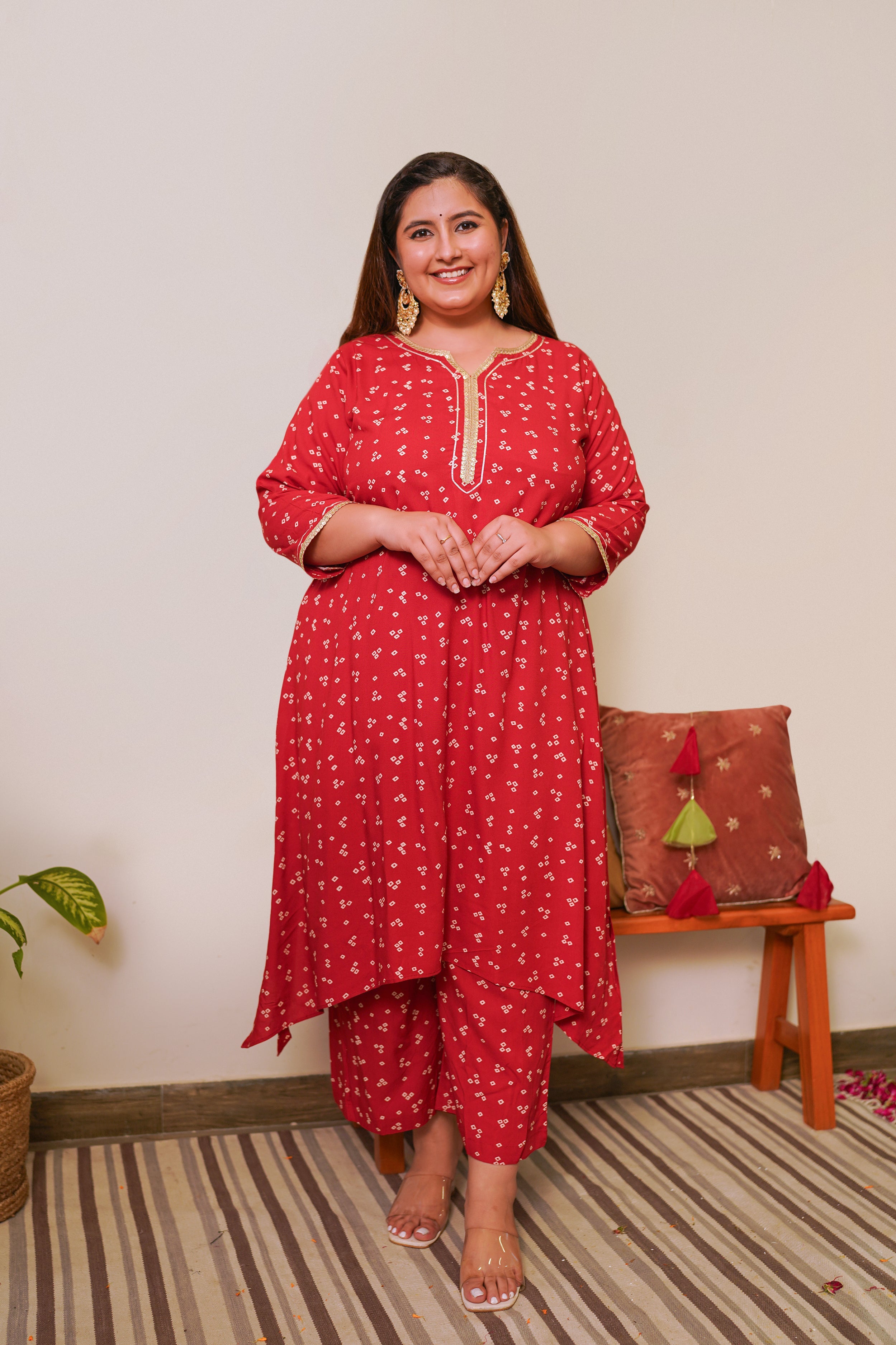 Women's Red Bandhani Kurta Set - (Set Of 2) - Nangalia Ruchira
