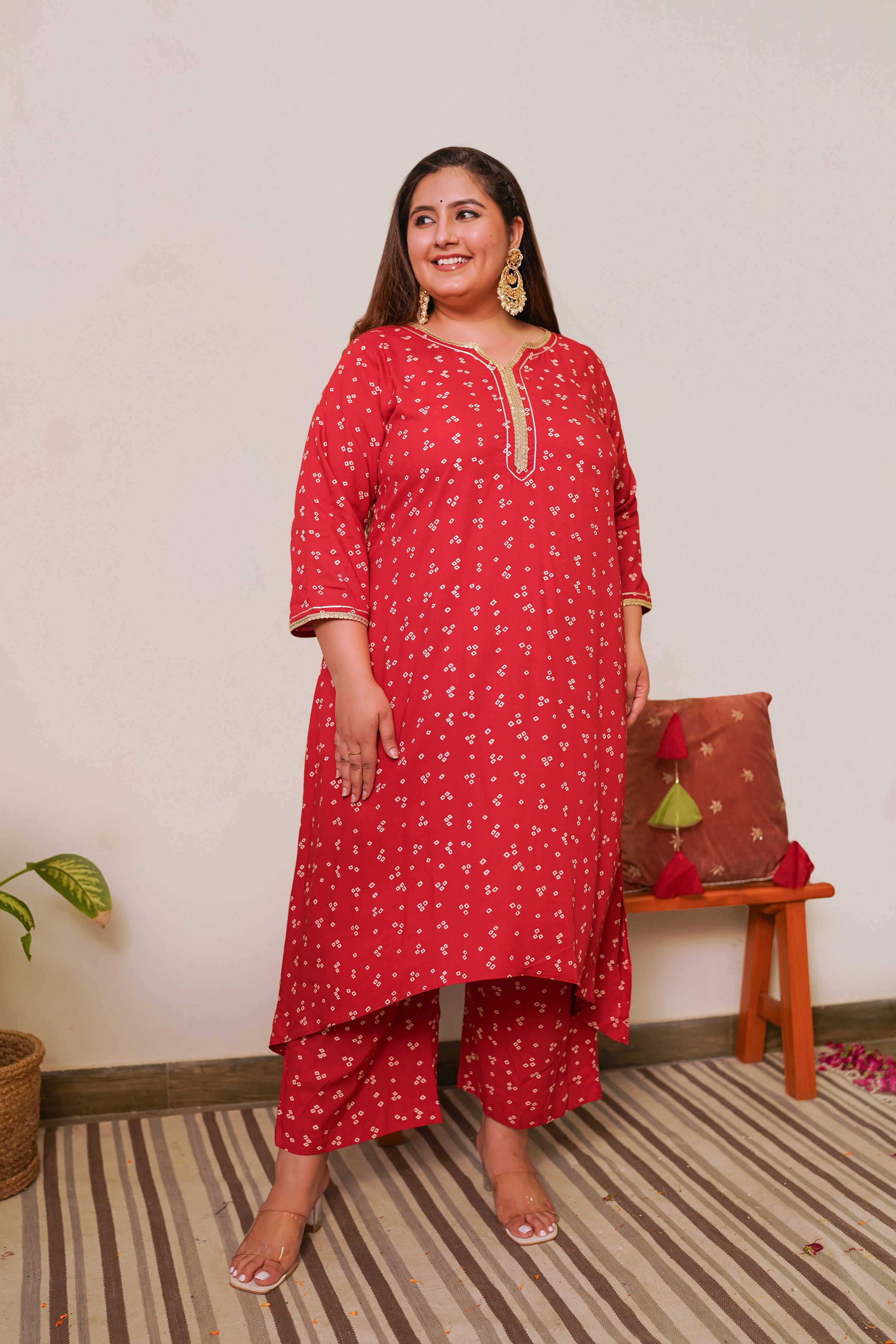 Women's Red Bandhani Kurta Set - (Set Of 2) - Nangalia Ruchira