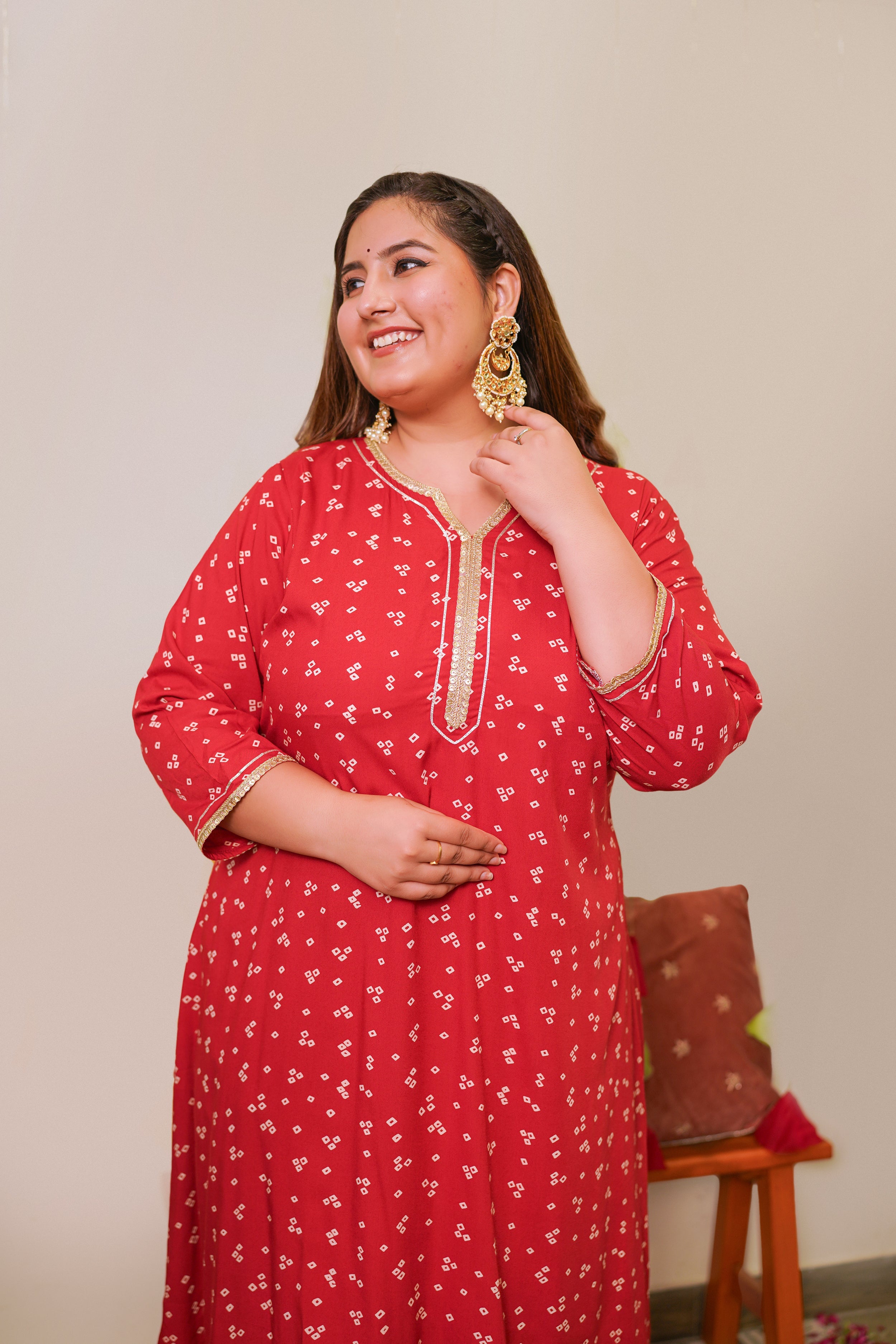 Women's Red Bandhani Kurta Set - (Set Of 2) - Nangalia Ruchira