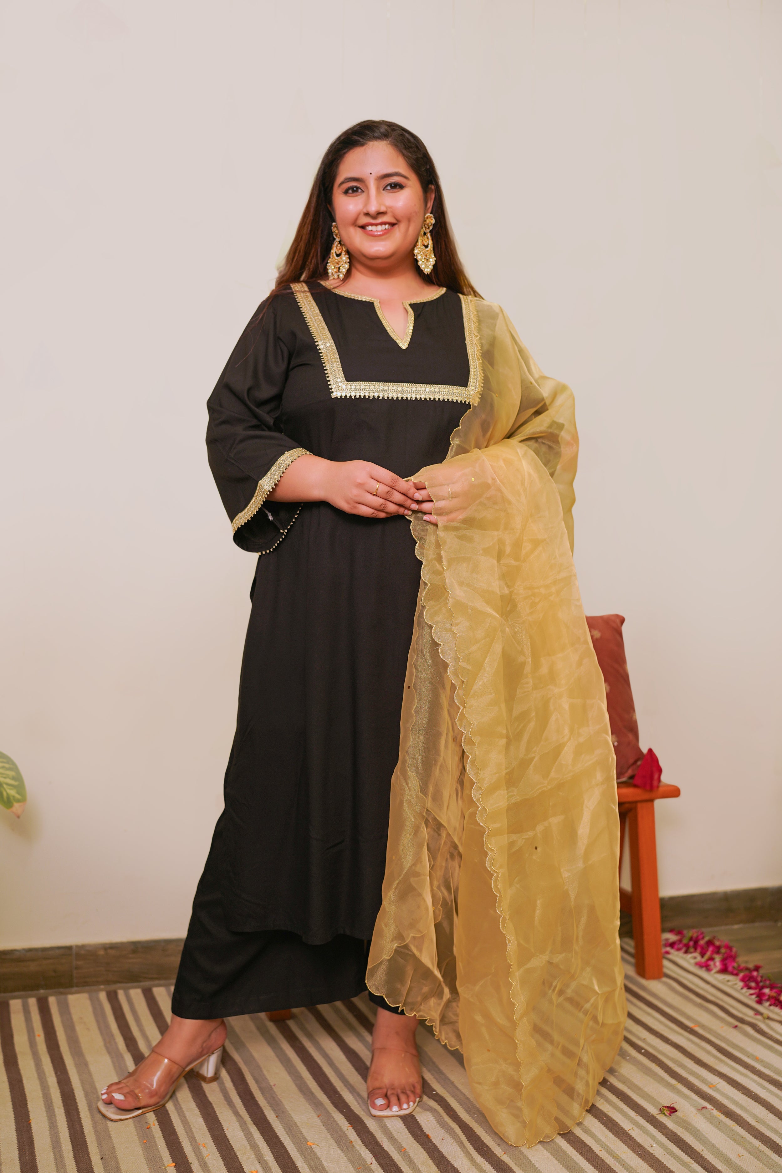 Women's Black Marori Royal Linen Kurta Set - (Set Of 3) - Nangalia Ruchira