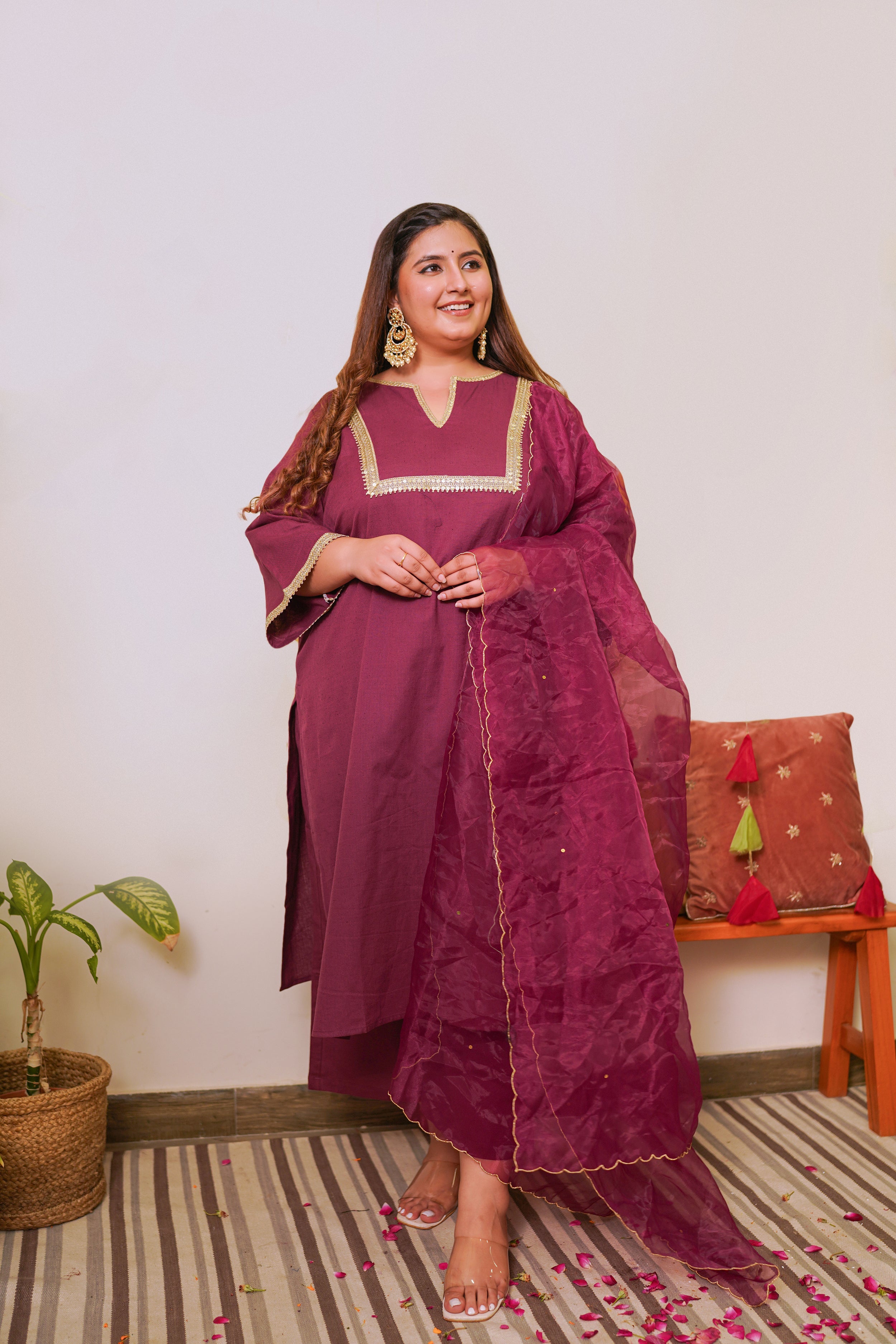 Women's Wine Marori Royal Linen Kurta Set - (Set Of 3) - Nangalia Ruchira