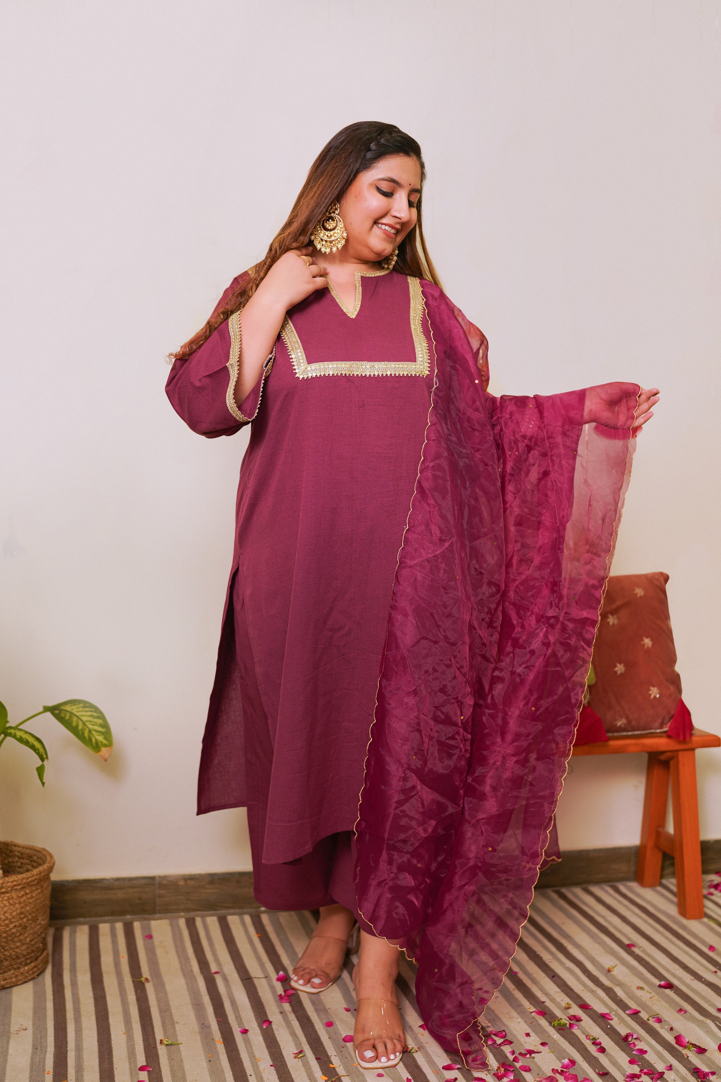 Women's Wine Marori Royal Linen Kurta Set - (Set Of 3) - Nangalia Ruchira