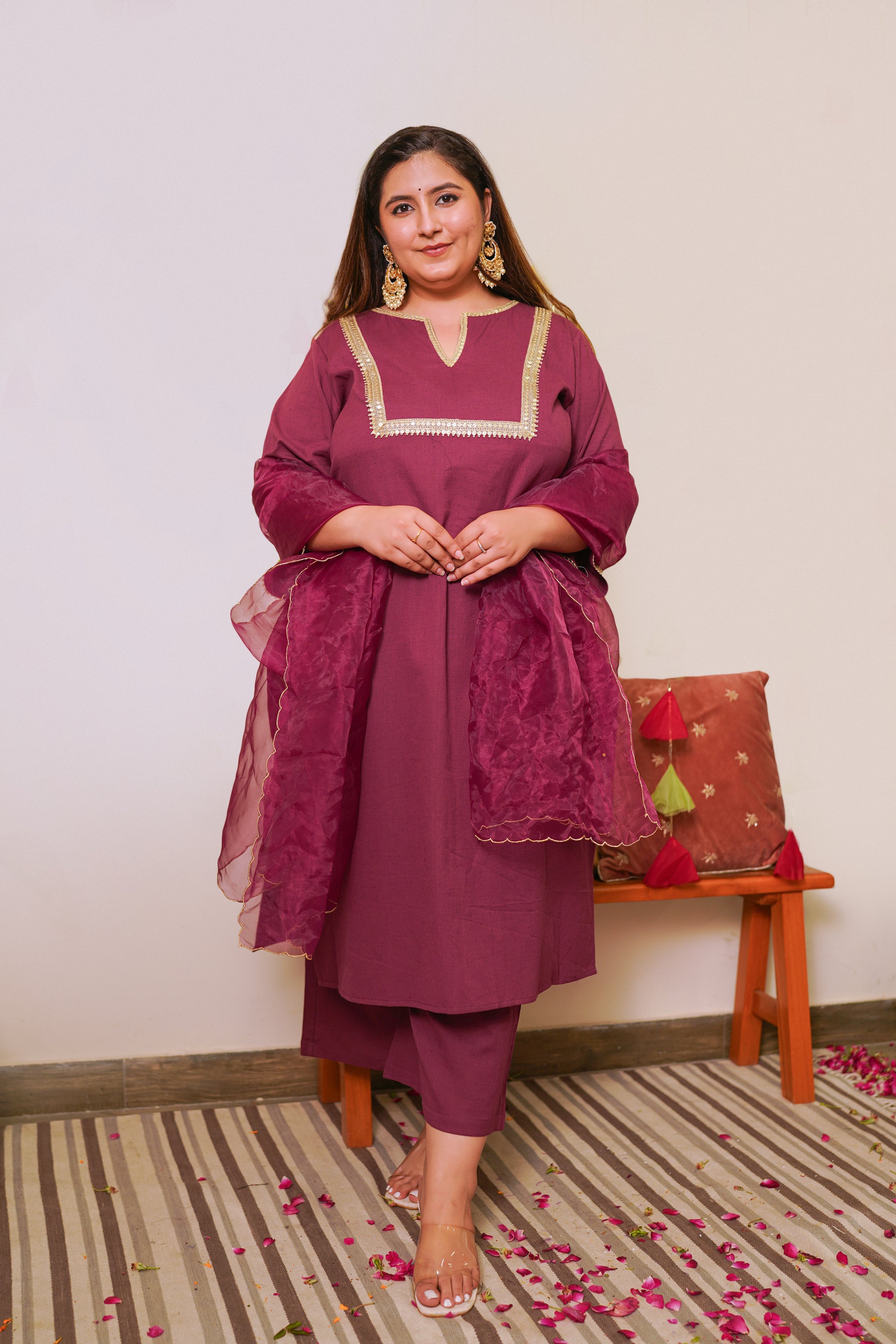 Women's Wine Marori Royal Linen Kurta Set - (Set Of 3) - Nangalia Ruchira