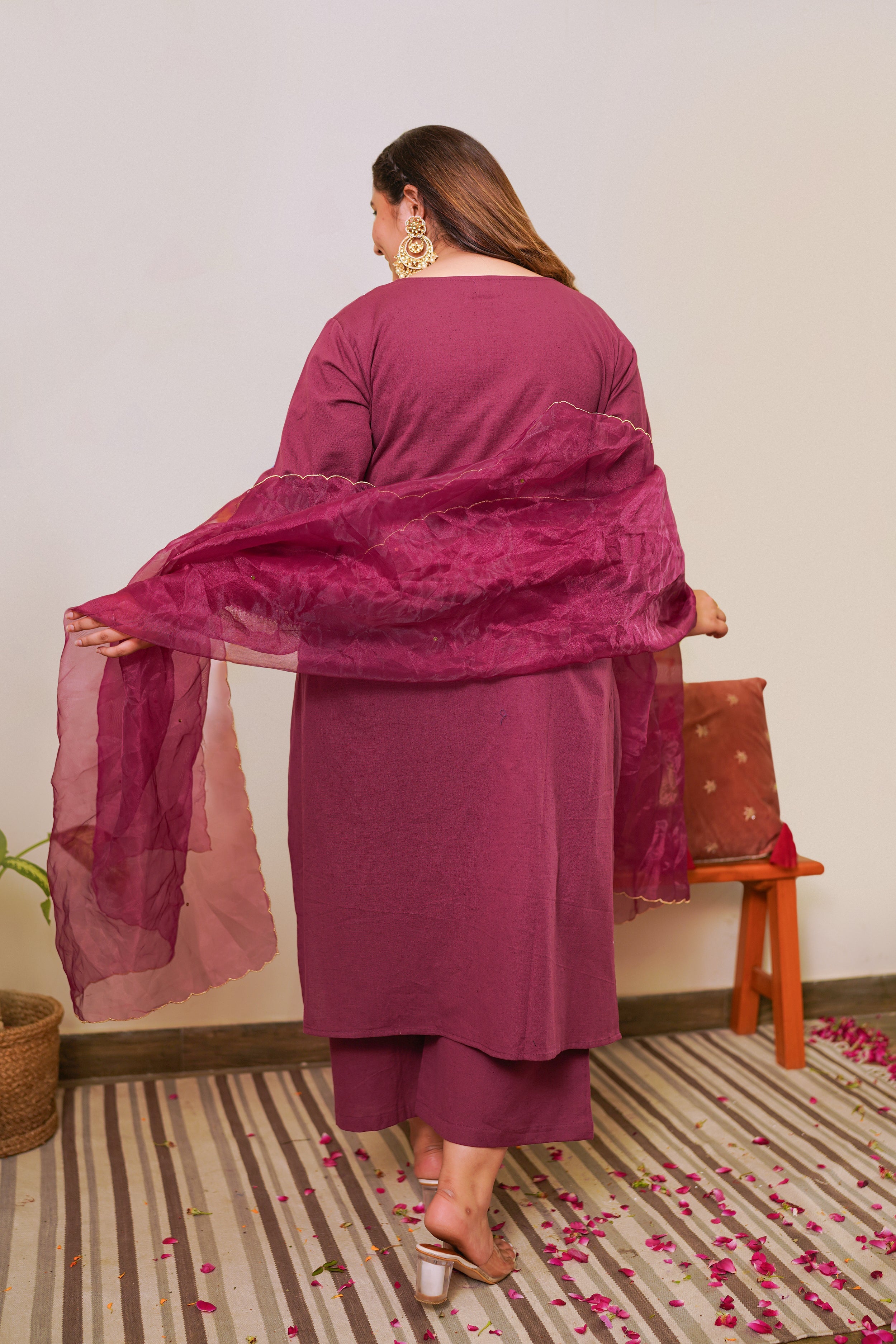 Women's Wine Marori Royal Linen Kurta Set - (Set Of 3) - Nangalia Ruchira