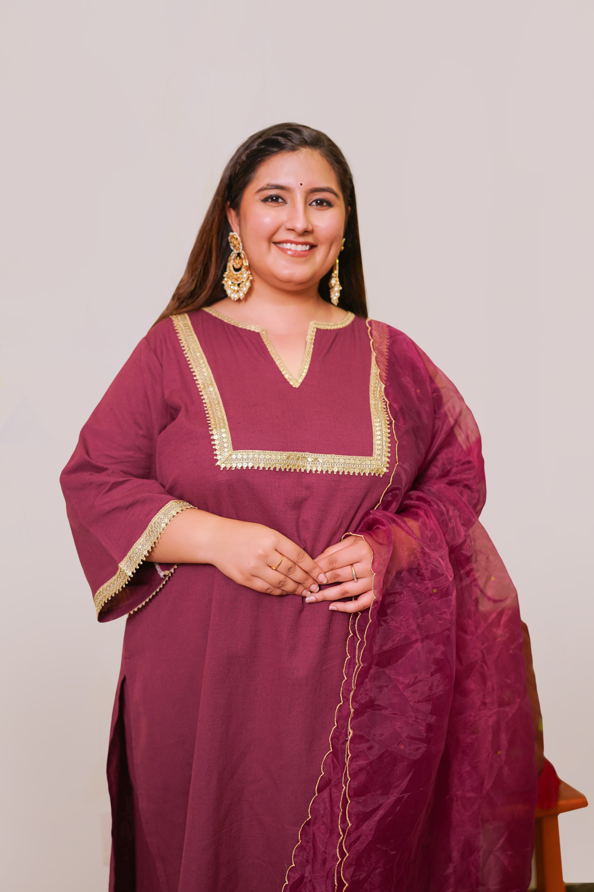 Women's Wine Marori Royal Linen Kurta Set - (Set Of 3) - Nangalia Ruchira