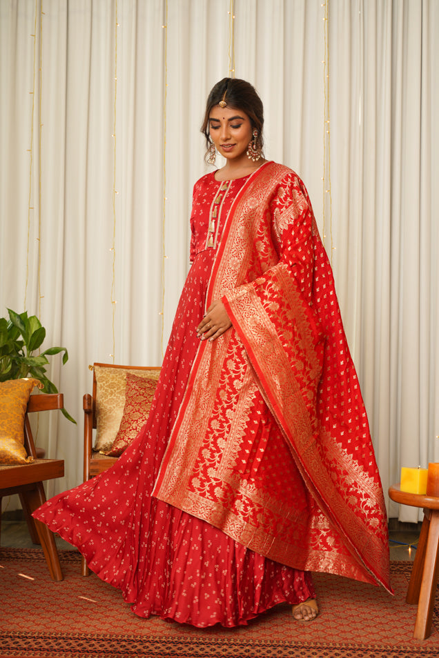 Women's Red Bandhani Indo-Western Dress - Nangalia Ruchira