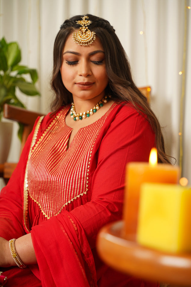 Women's Red Gold Kurta Set-(Set Of 3) - Nangalia Ruchira