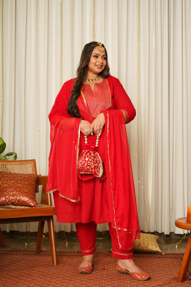 Women's Red Gold Kurta Set-(Set Of 3) - Nangalia Ruchira