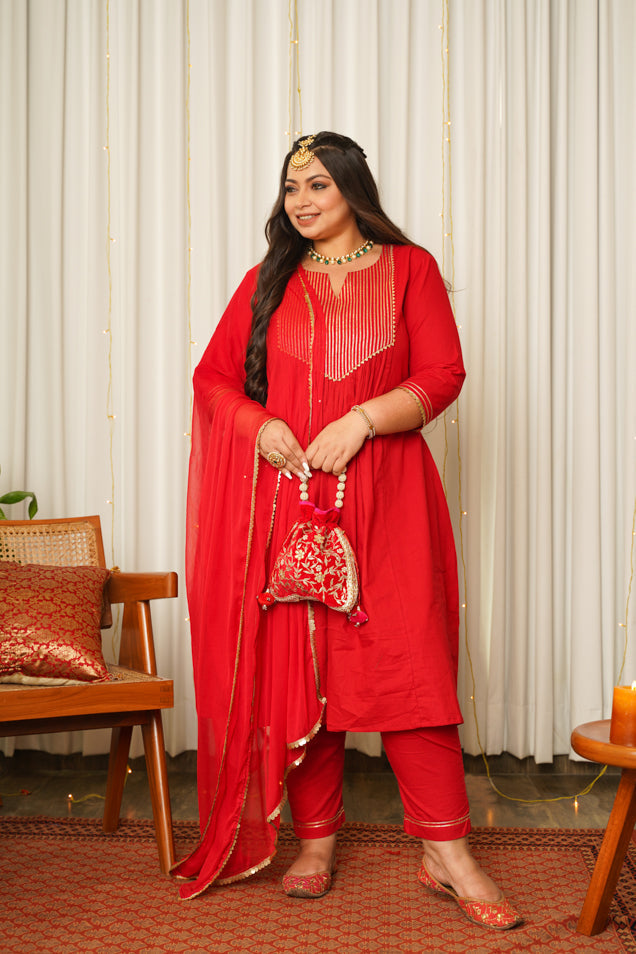 Women's Red Gold Kurta Set-(Set Of 3) - Nangalia Ruchira