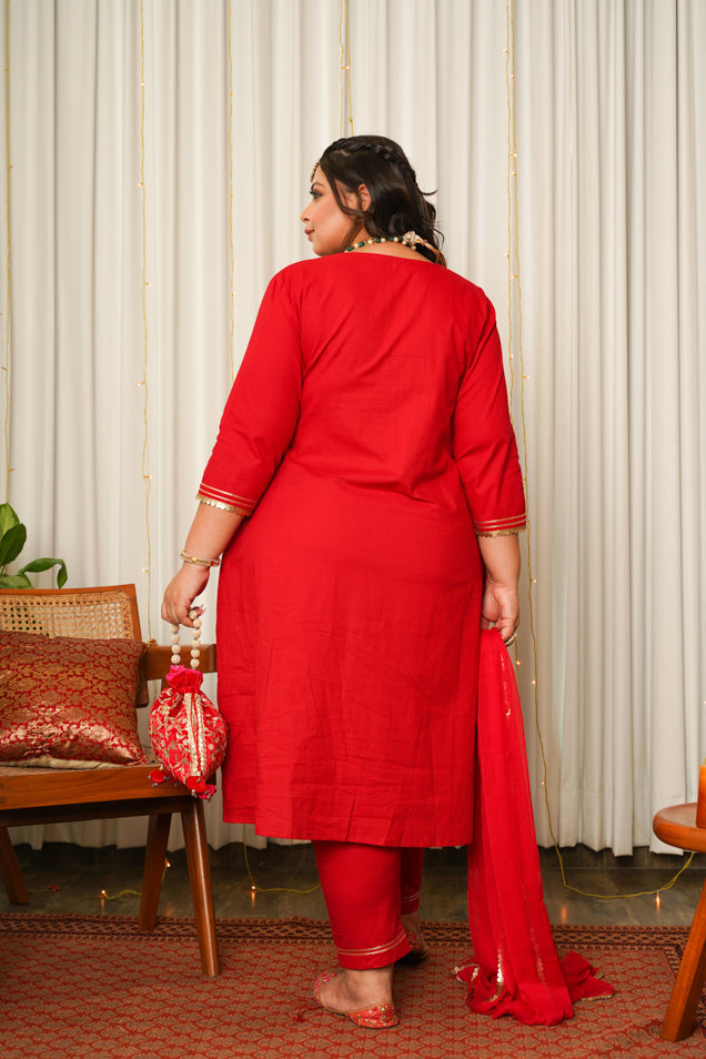 Women's Red Gold Kurta Set-(Set Of 3) - Nangalia Ruchira