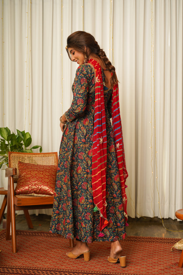 Women's Blue Cotton Floral Print Anarkali Suit Set - ( Set Of 3) - Nangalia Ruchira
