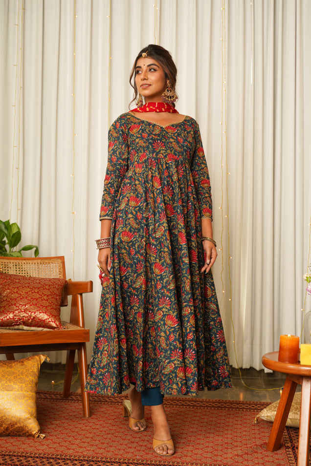 Women's Blue Cotton Floral Print Anarkali Suit Set - ( Set Of 3) - Nangalia Ruchira