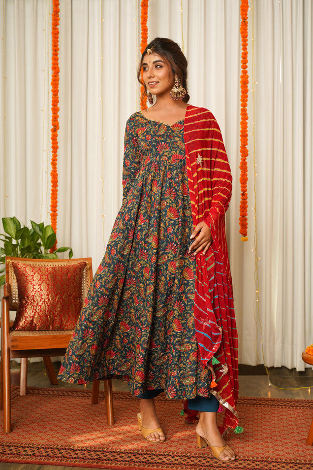 Women's Blue Cotton Floral Print Anarkali Suit Set - ( Set Of 3) - Nangalia Ruchira